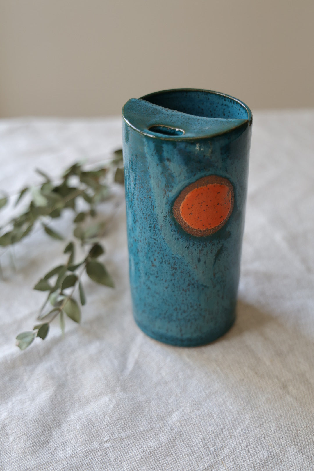 Deep Blue with Orange Moon Speckled To Go Cup, Travel Mug, Travel Tumbler, Mustache Saver, Ceramic Stoneware,  Hand Thrown in Maine 13-15oz.  Pottery Cup