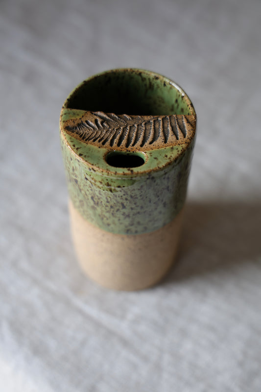 Half Dipped Green Fern Stamped Speckled Stoneware Organic Style Travel Tumbler, To Go Cup, for Minimalists Ceramic Stoneware Hand Thrown in Maine