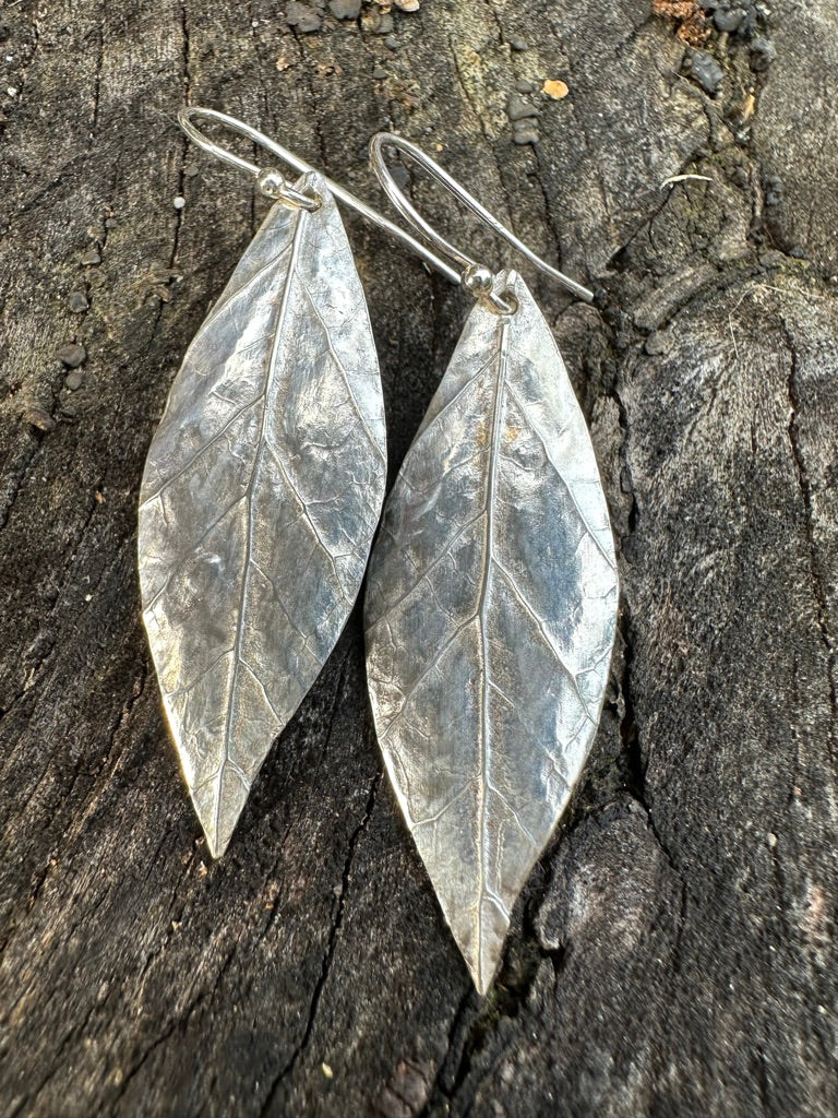 Textured sterling silver leaf earrings, Maine forest jewelry, hand carved dangle earrings