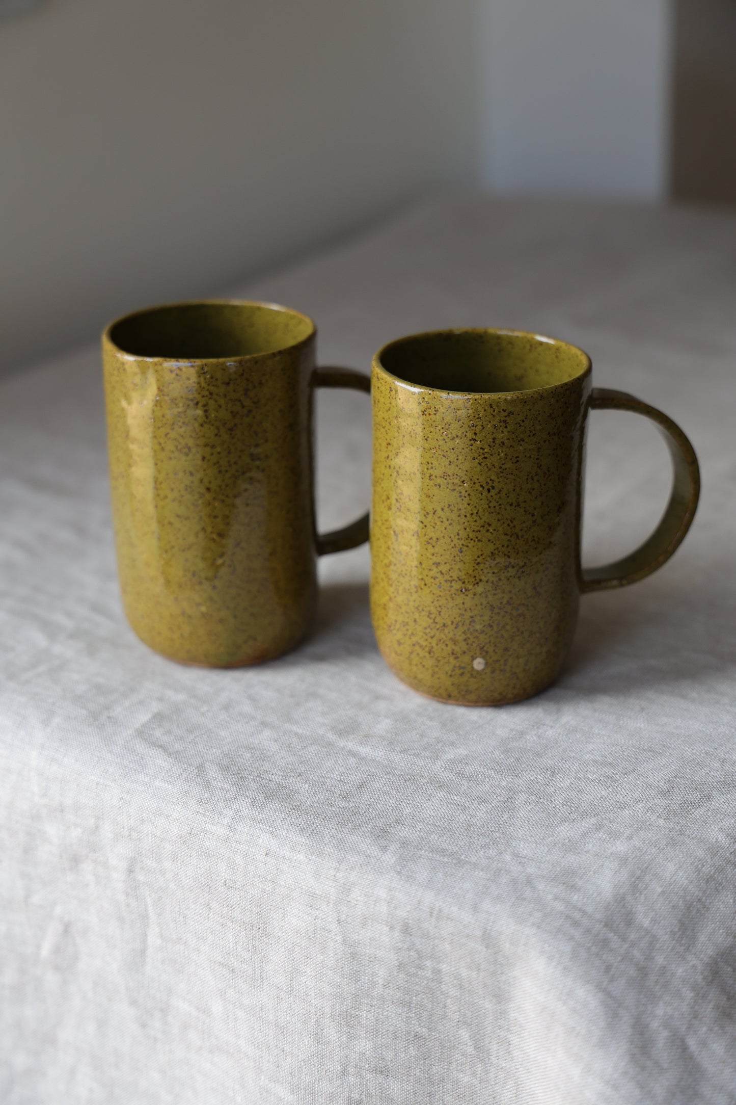 Olive green minimalist Ceramic Stoneware mug Hand Thrown in Maine 12-14oz.