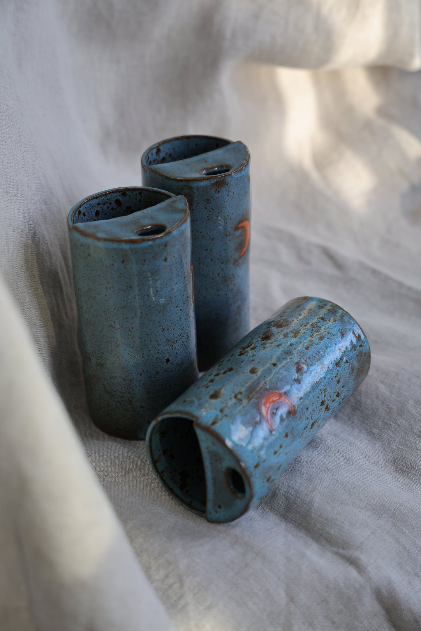 New Crescent moon travel mug with Blue feathered speckled, Mustache Saver, Ceramic Stoneware Hand Thrown in Maine 14-16oz.