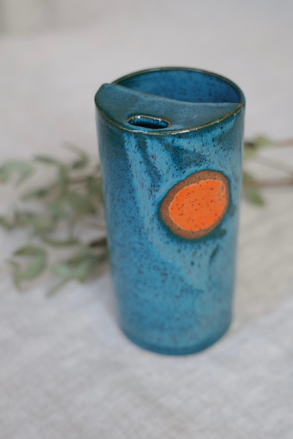 Deep Blue with Orange Moon Speckled To Go Cup, Travel Mug, Travel Tumbler, Mustache Saver, Ceramic Stoneware,  Hand Thrown in Maine 13-15oz.  Pottery Cup