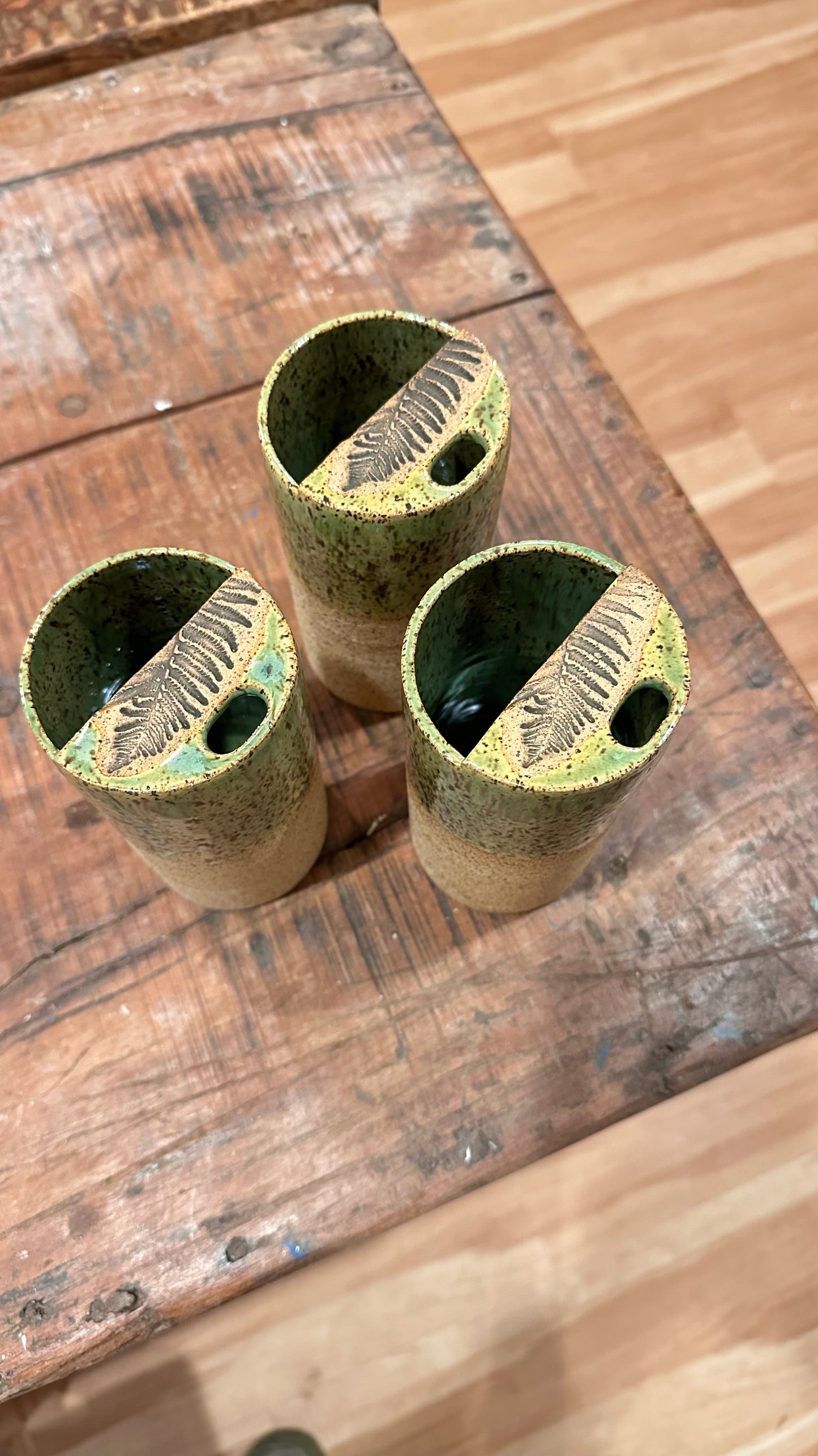 Half Dipped Green Fern Stamped Speckled Stoneware Organic Style Travel Tumbler, To Go Cup, for Minimalists Ceramic Stoneware Hand Thrown in Maine
