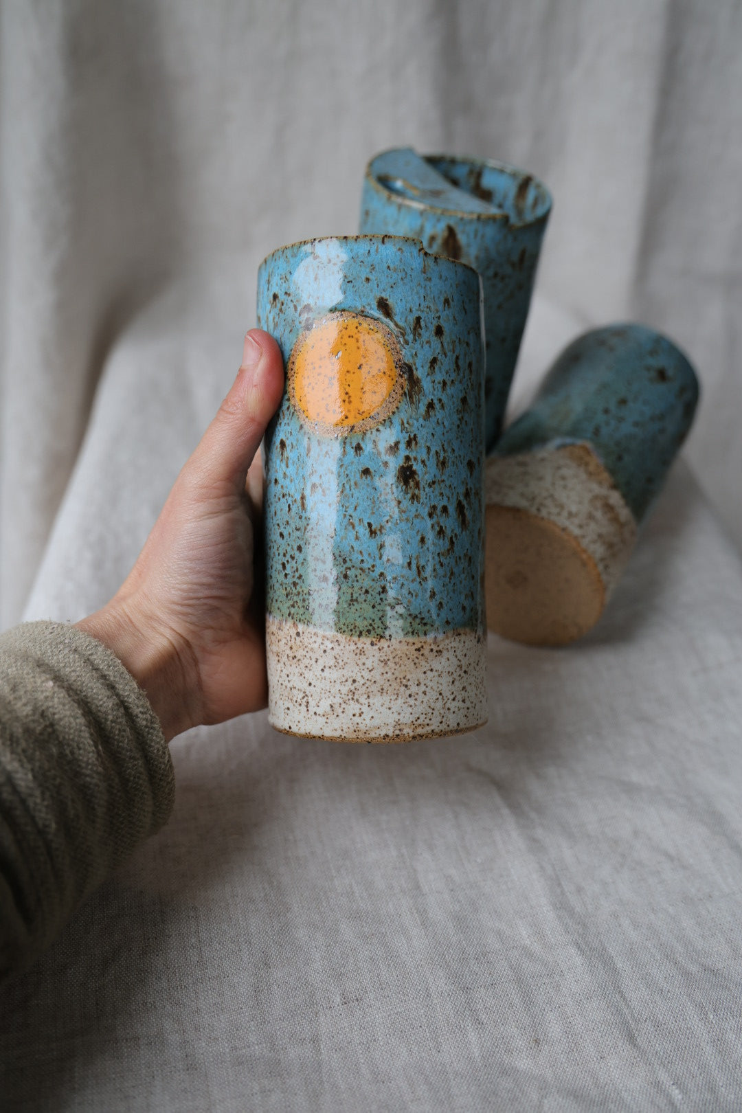 Golden Hour Blue & Cream with Orange Sun Speckled To Go Cup, Travel Mug, Travel Tumbler, Mustache Saver, Ceramic Stoneware,  Hand Thrown in Maine 14-16 oz.  Pottery Cup