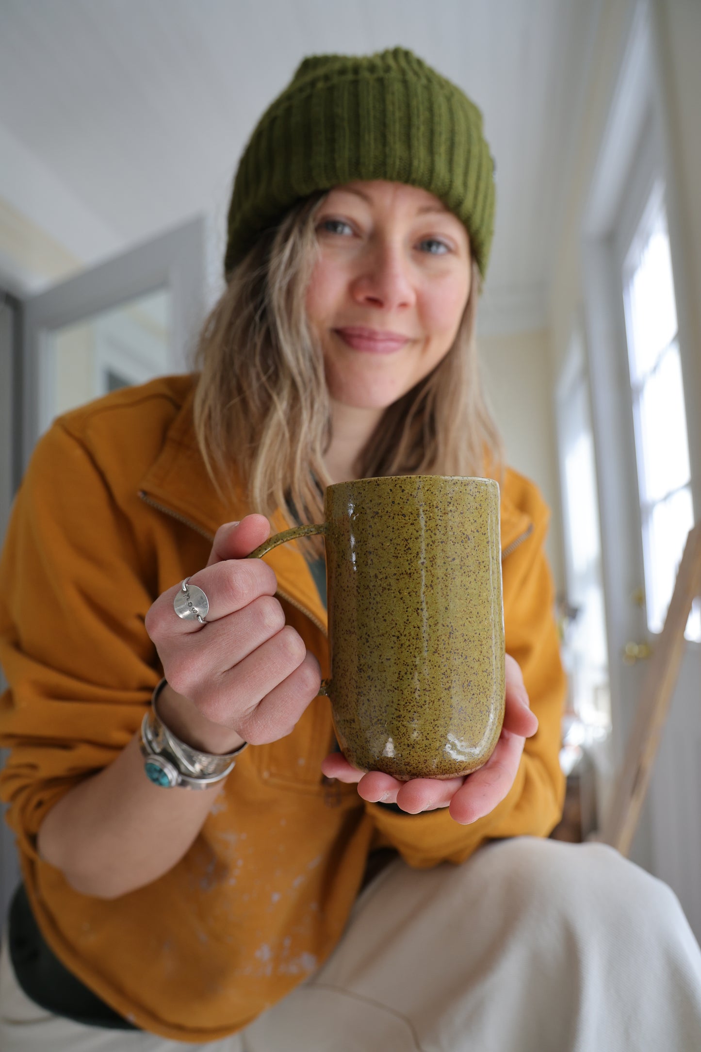 Olive green minimalist Ceramic Stoneware mug Hand Thrown in Maine 12-14oz.