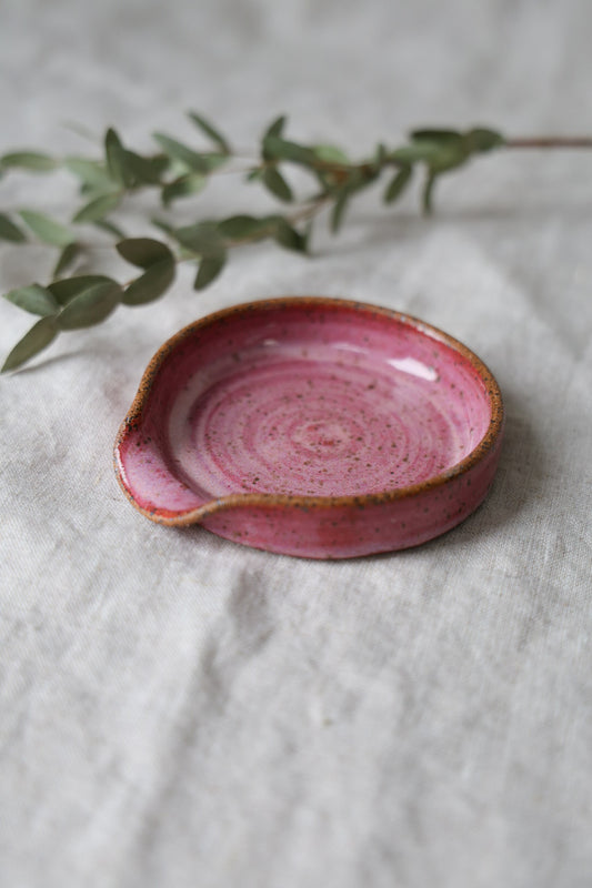 Spoon rest in speckled ceramic, kitchenware pottery, rustic, handmade, artful home, white, pink, or green.