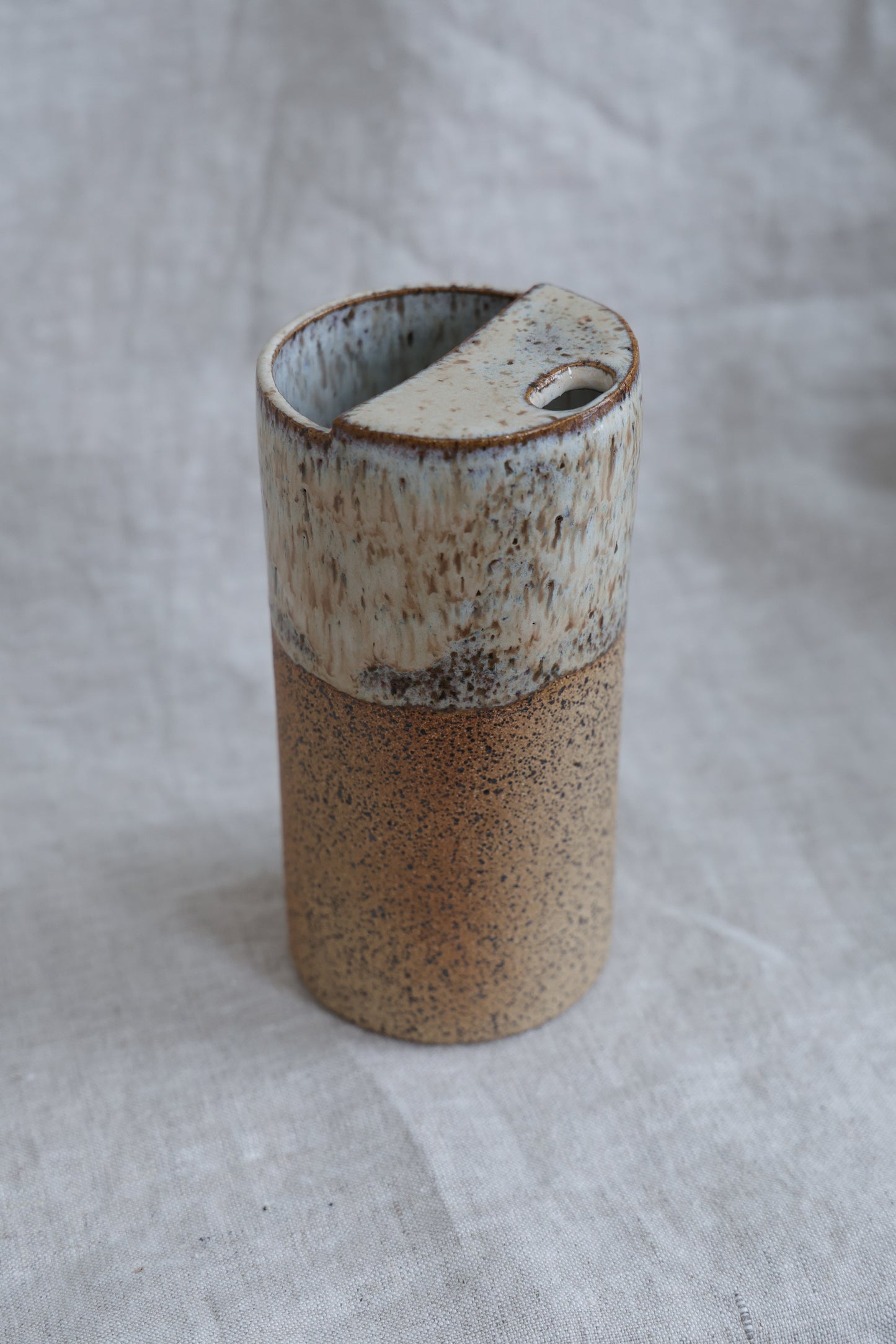 Creamy Beige Speckled To Go Cup, Minimalist Ceramic Travel Tumbler, Mustache Saver, Pottery Stoneware Hand Thrown in Maine 14-16oz.