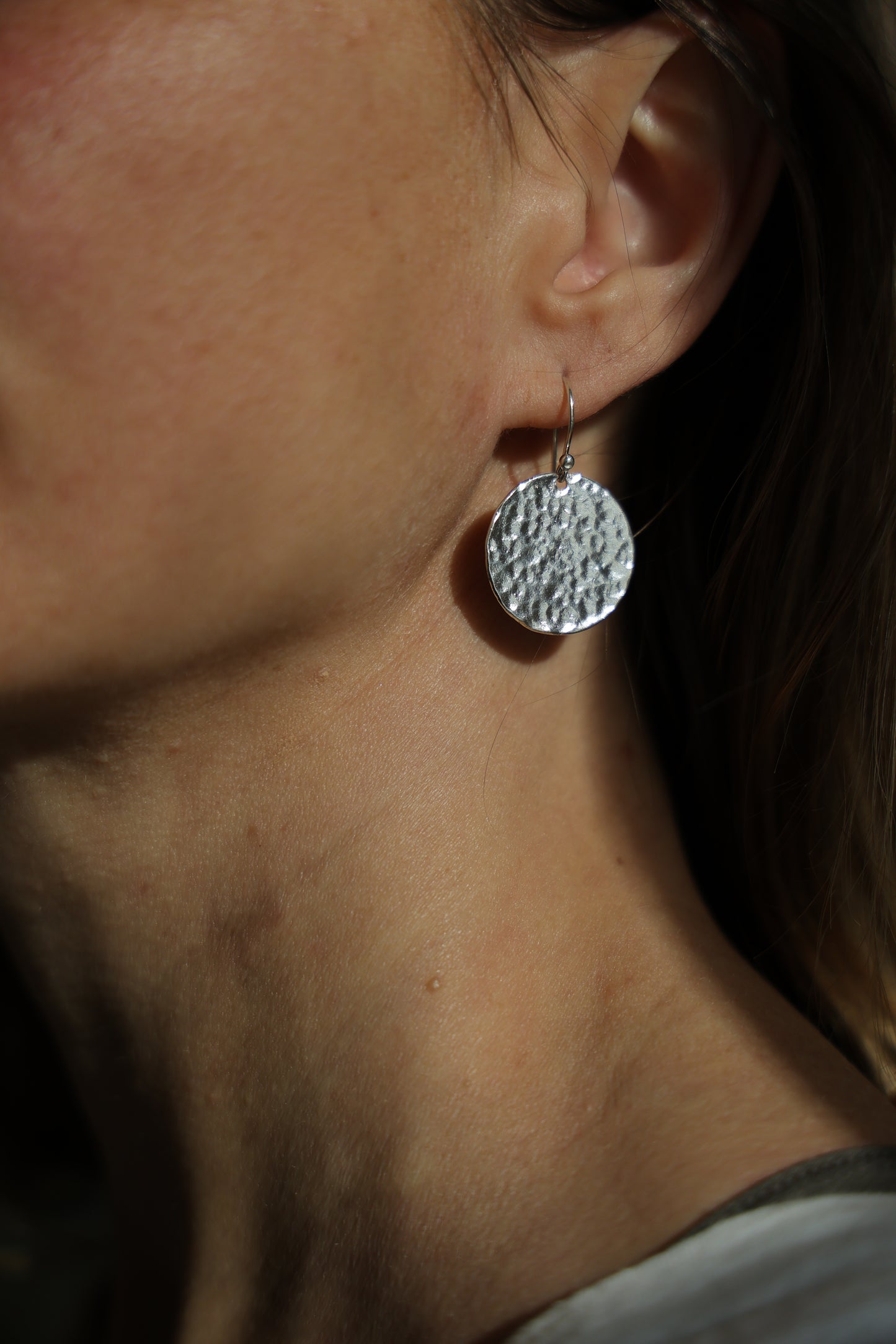 Hammered Silver or Brass Disc Earrings, Minimalist, Perfect Every day, Lightweight Water Earrings
