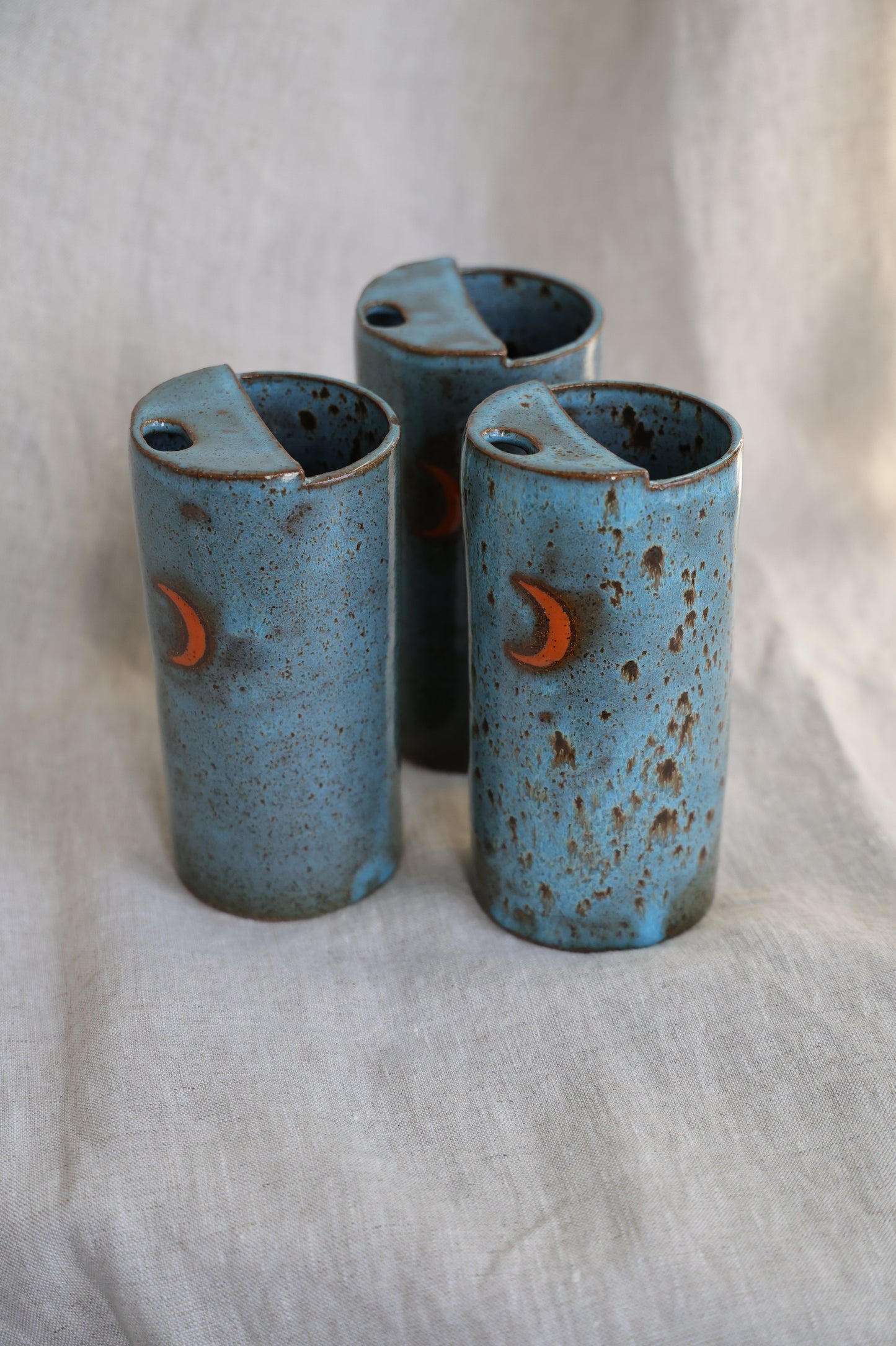 New Crescent moon travel mug with Blue feathered speckled, Mustache Saver, Ceramic Stoneware Hand Thrown in Maine 14-16oz.