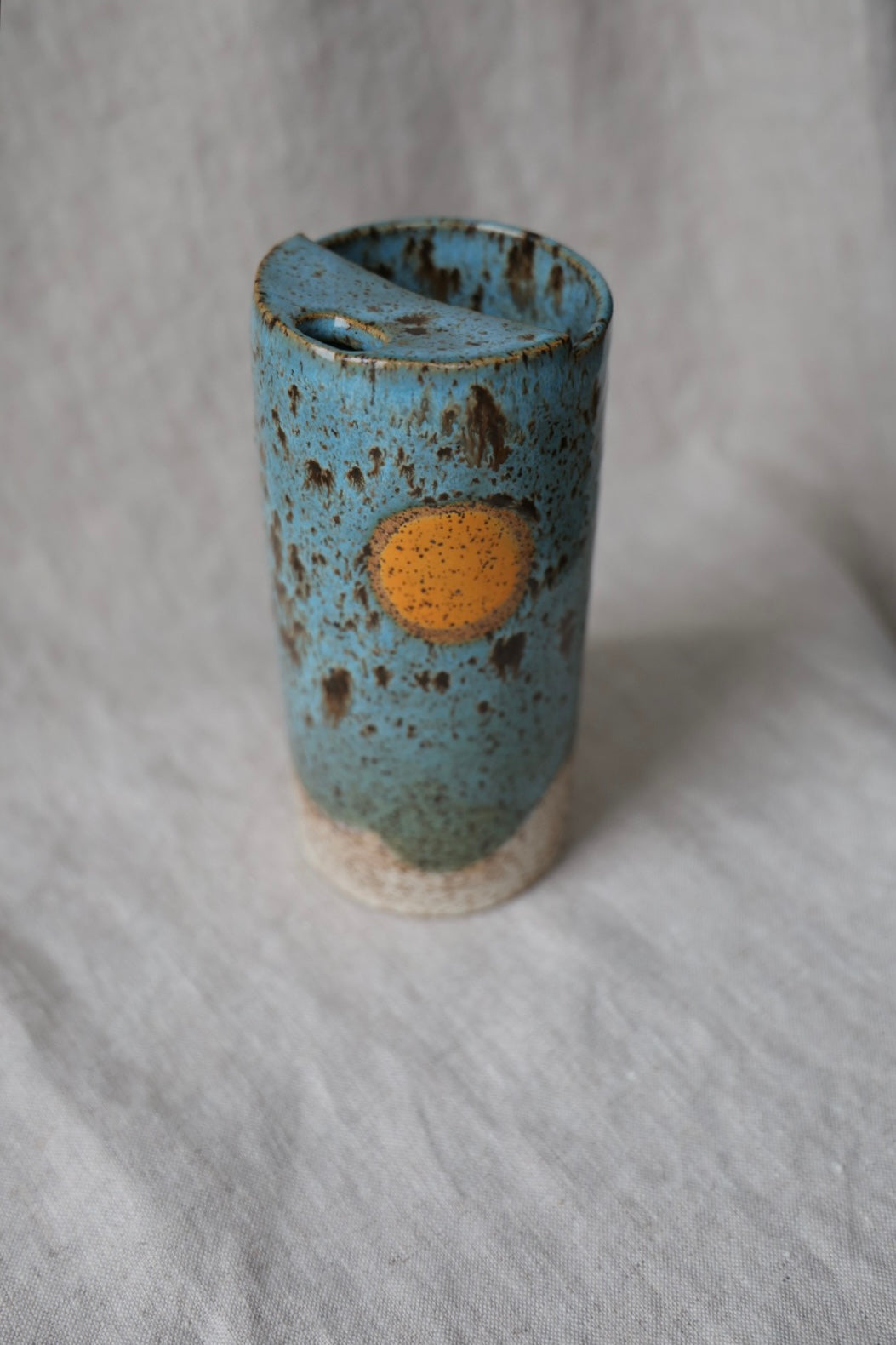 Golden Hour Blue & Cream with Orange Sun Speckled To Go Cup, Travel Mug, Travel Tumbler, Mustache Saver, Ceramic Stoneware,  Hand Thrown in Maine 14-16 oz.  Pottery Cup