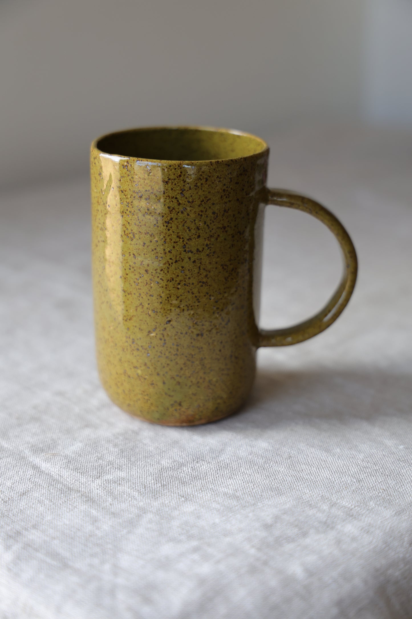 Olive green minimalist Ceramic Stoneware mug Hand Thrown in Maine 12-14oz.