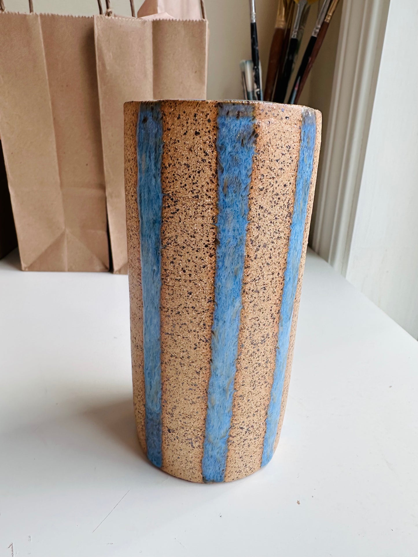 Blue Striped Speckled To Go Cup, Travel Mug, Travel Tumbler, Mustache Saver, Ceramic Stoneware,  Hand Thrown in Maine 13-15oz.  Pottery Cup