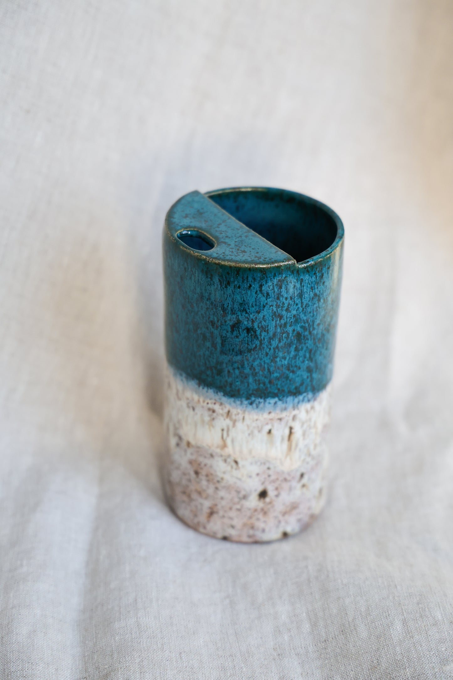 Turquoise travel mug with feathered speckled, Mustache Saver, Ceramic Stoneware Hand Thrown in Maine 14-16oz.