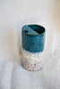 Turquoise travel mug with feathered speckled, Mustache Saver, Ceramic Stoneware Hand Thrown in Maine 14-16oz.