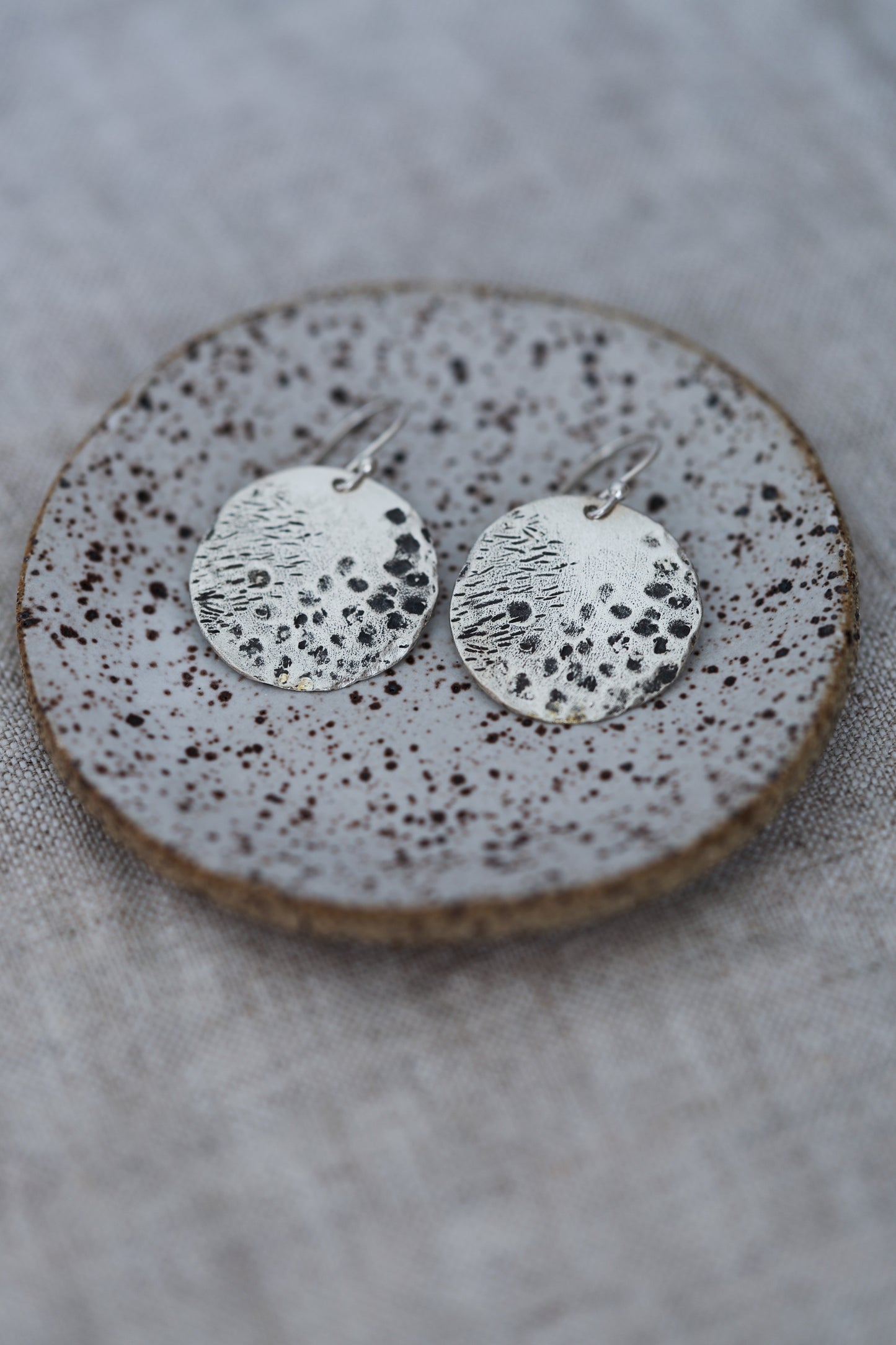Organically Textured Silver Discs Water's Reflection Wabi-Sabi Circle Earrings, Recycled Silver or Brass hammered texture simple