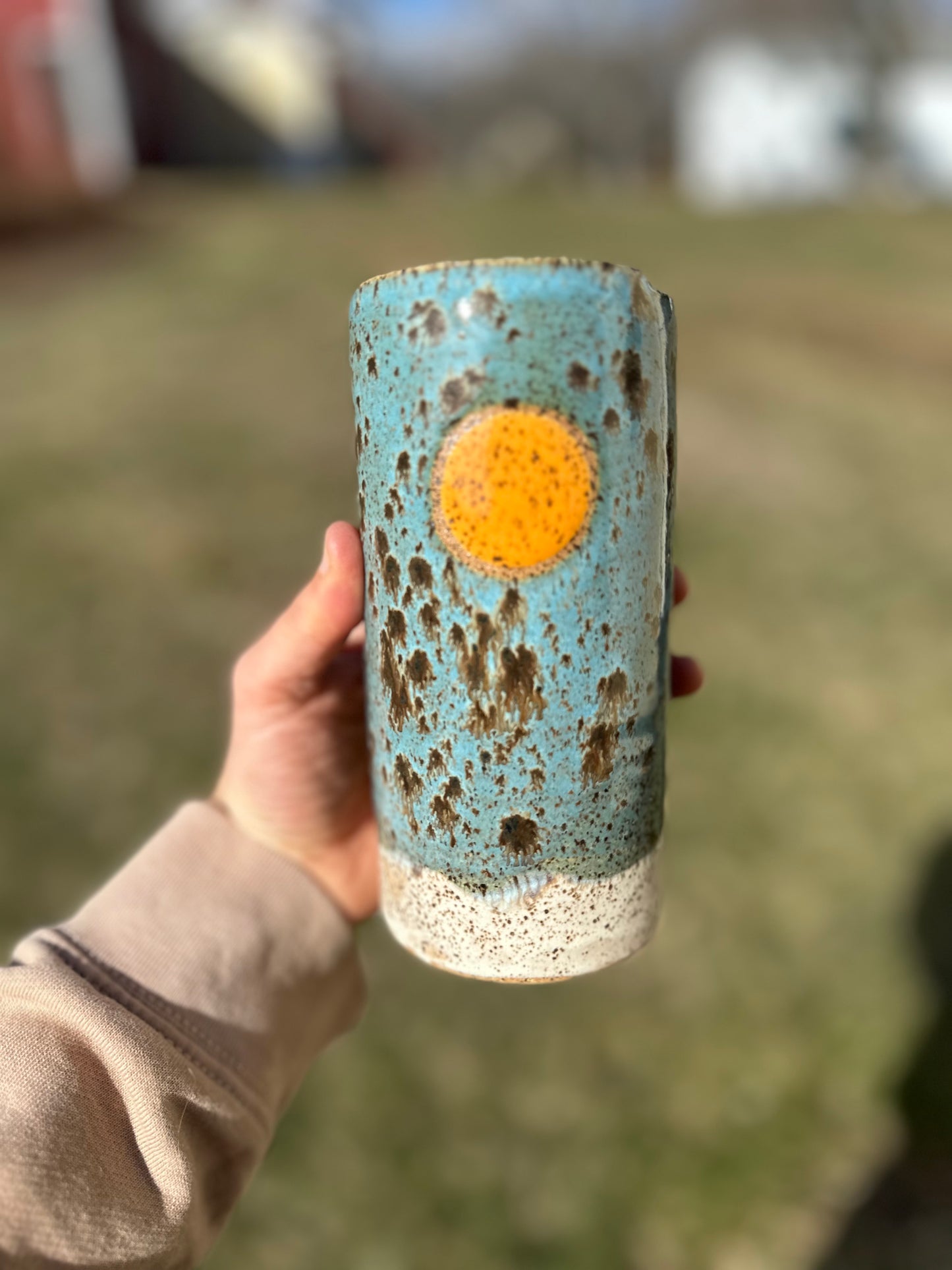 Golden Hour Blue & Cream with Orange Sun Speckled To Go Cup, Travel Mug, Travel Tumbler, Mustache Saver, Ceramic Stoneware,  Hand Thrown in Maine 14-16 oz.  Pottery Cup