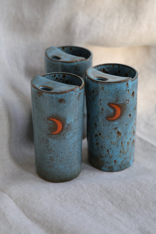 New Crescent moon travel mug with Blue feathered speckled, Mustache Saver, Ceramic Stoneware Hand Thrown in Maine 14-16oz.