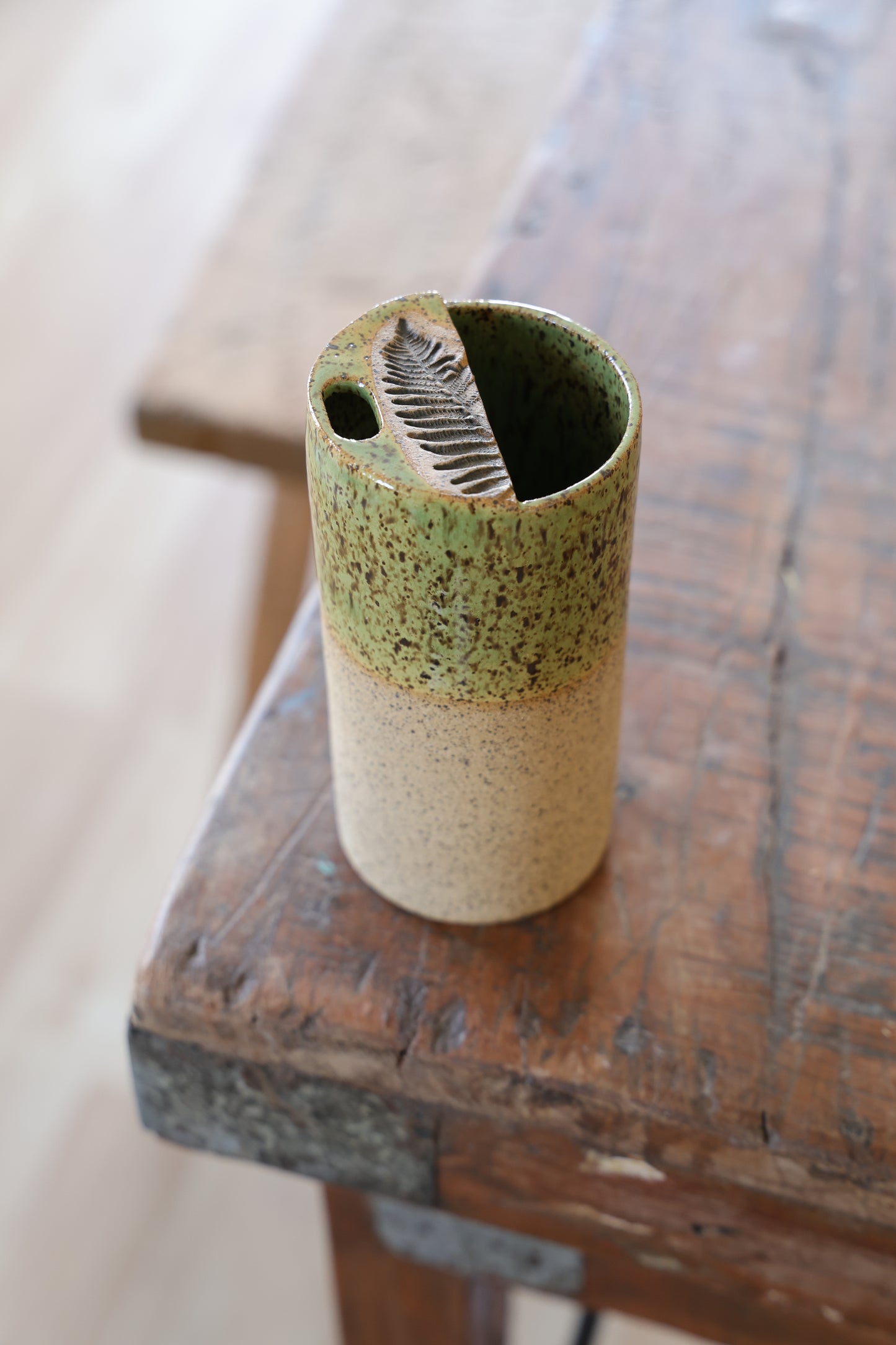 Half Dipped Green Fern Stamped Speckled Stoneware Organic Style Travel Tumbler, To Go Cup, for Minimalists Ceramic Stoneware Hand Thrown in Maine