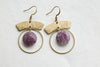 Solid brass boho hoop earrings with purple lepidolite