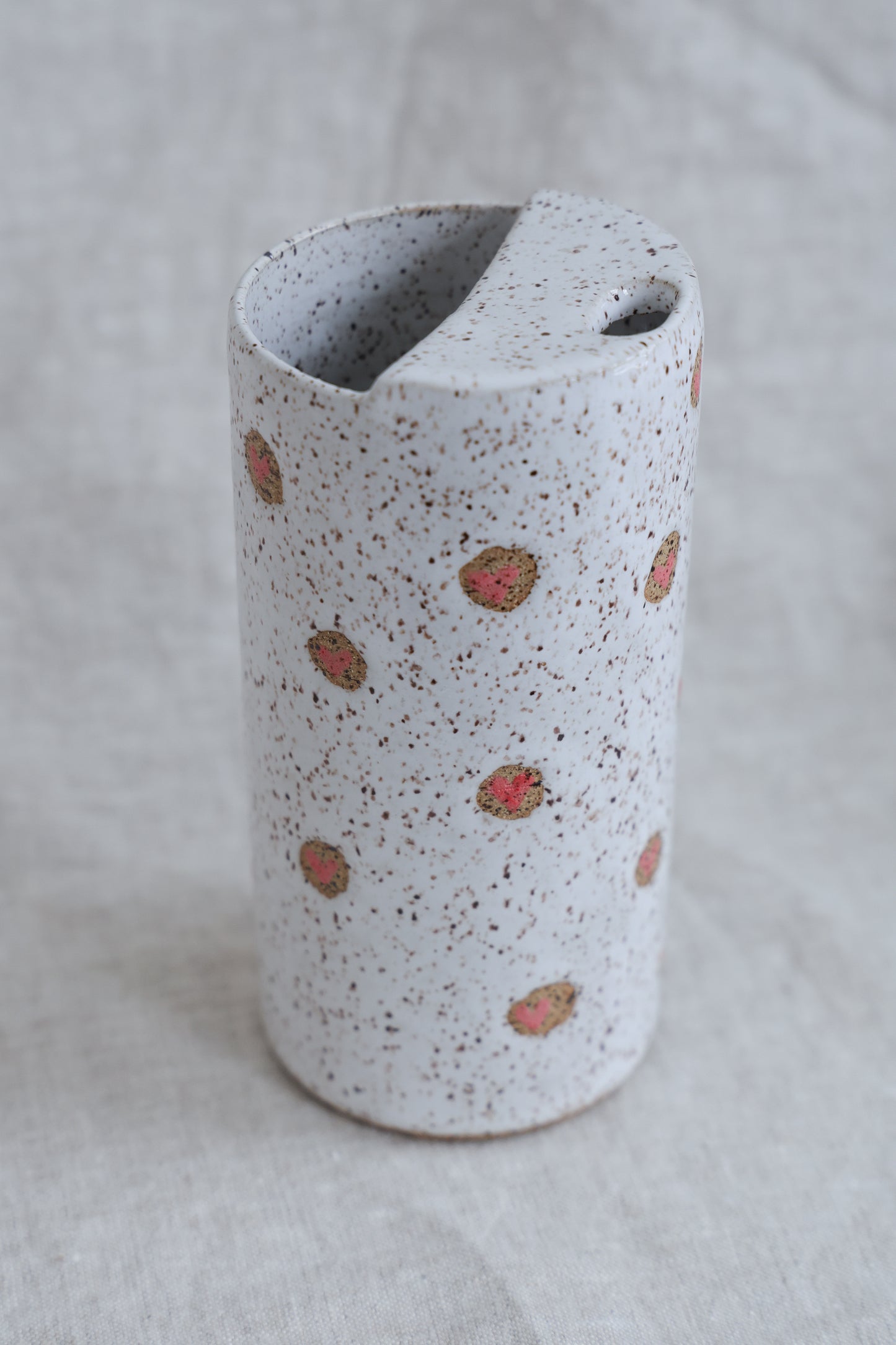 White Speckled To Go Cup with Pink Hearts for Valentine's day, One of a kind, Travel Mug, Travel Tumbler, Mustache Saver, Ceramic Stoneware,  Hand Thrown in Maine Holds 14-16oz.