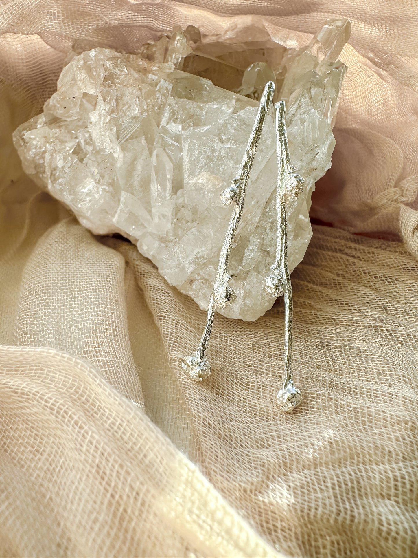 Budding Sprigs, elegant, earthy twig earrings studs with organic textures recycled sterling silver, Maine jewelry