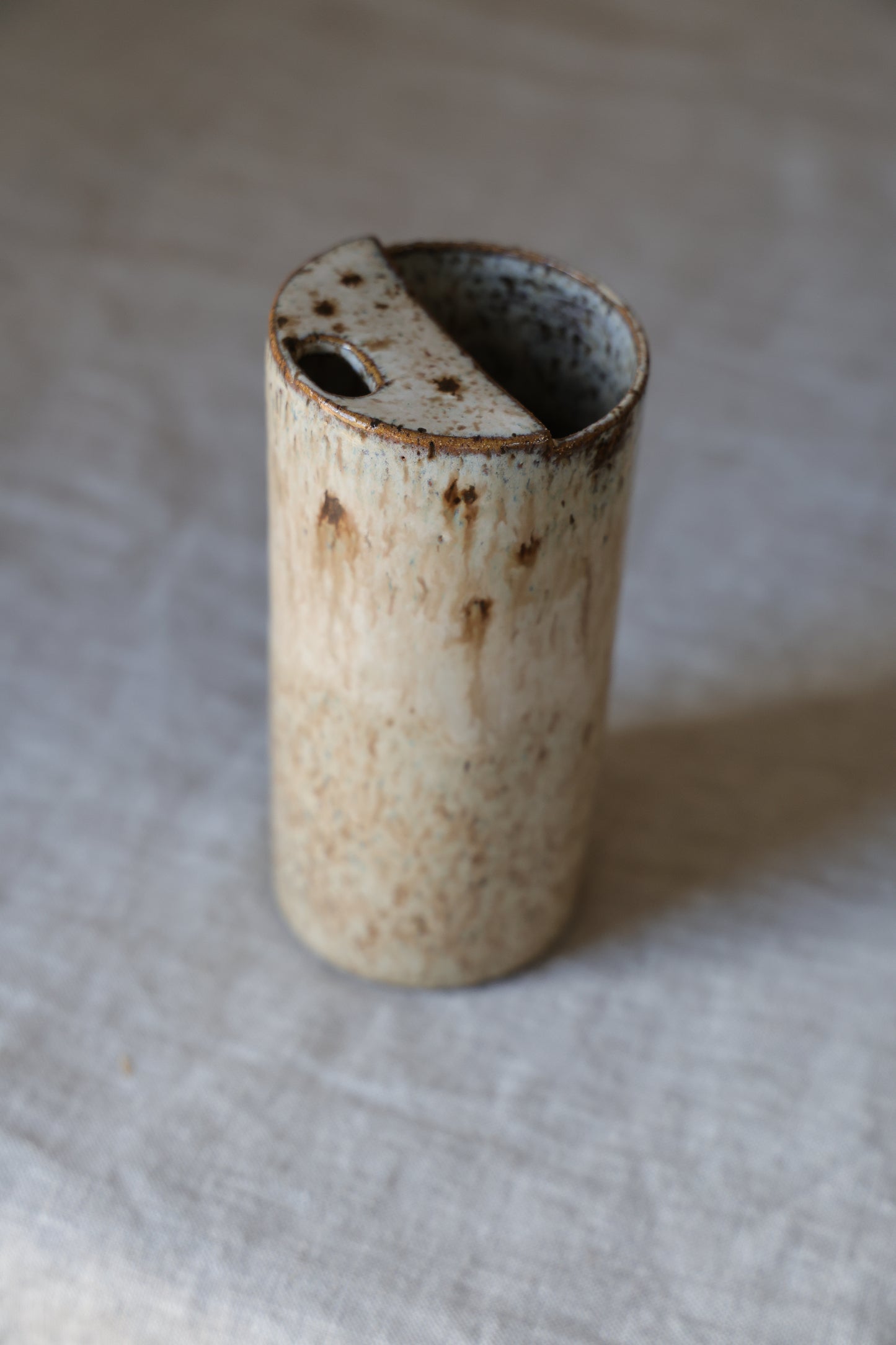 Cream and beige, Speckled To Go Cup, Travel Mug, Travel Tumbler, Mustache Saver, Ceramic Stoneware,  Hand Thrown in Maine 13-15oz.  Pottery Cup