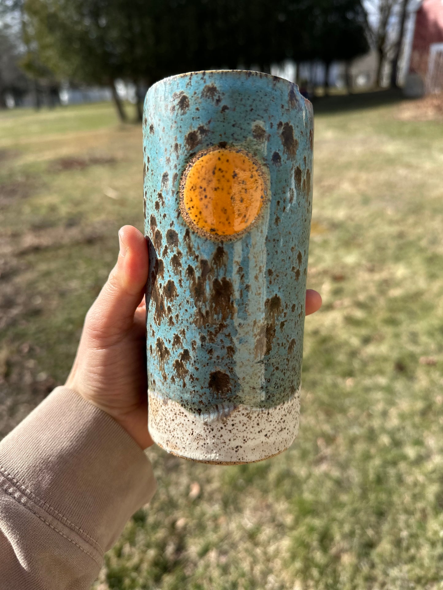 Golden Hour Blue & Cream with Orange Sun Speckled To Go Cup, Travel Mug, Travel Tumbler, Mustache Saver, Ceramic Stoneware,  Hand Thrown in Maine 14-16 oz.  Pottery Cup