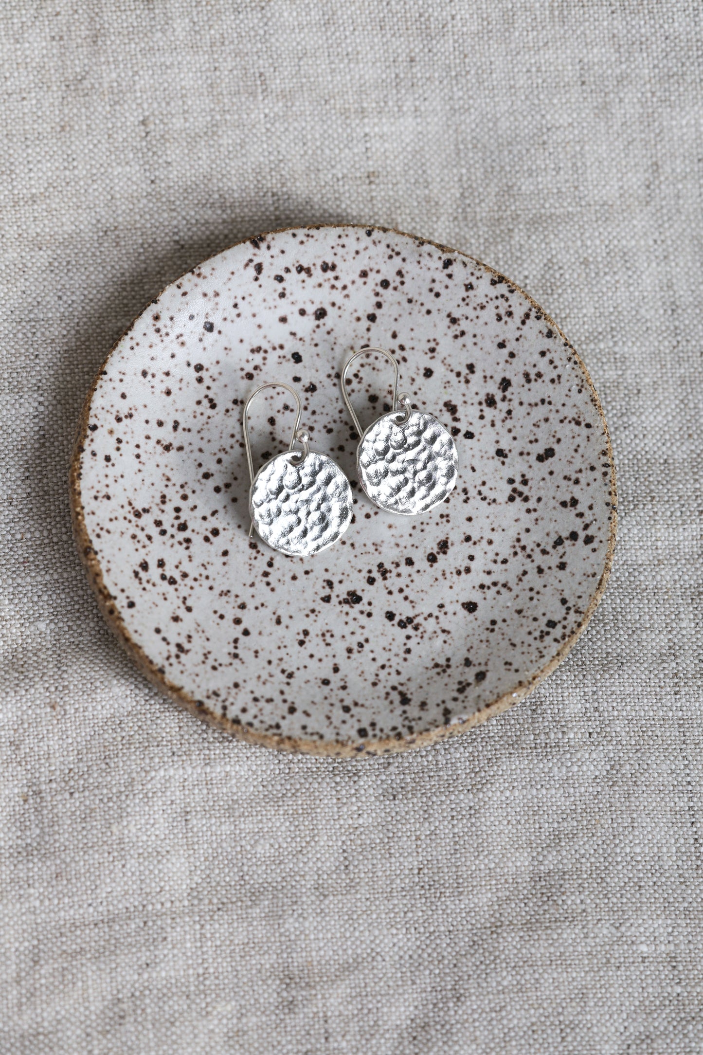 Small Hammered Silver or Brass Disc Earrings, Minimalist, Every day, Lightweight Water Earrings