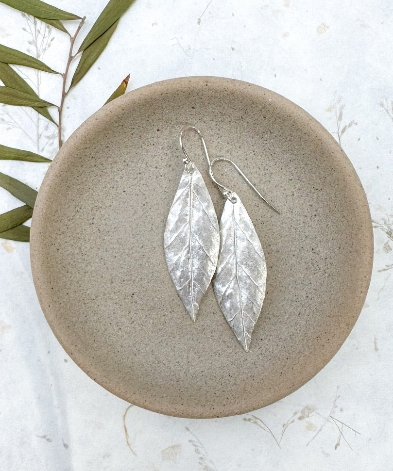 Textured sterling silver leaf earrings, Maine forest jewelry, hand carved dangle earrings