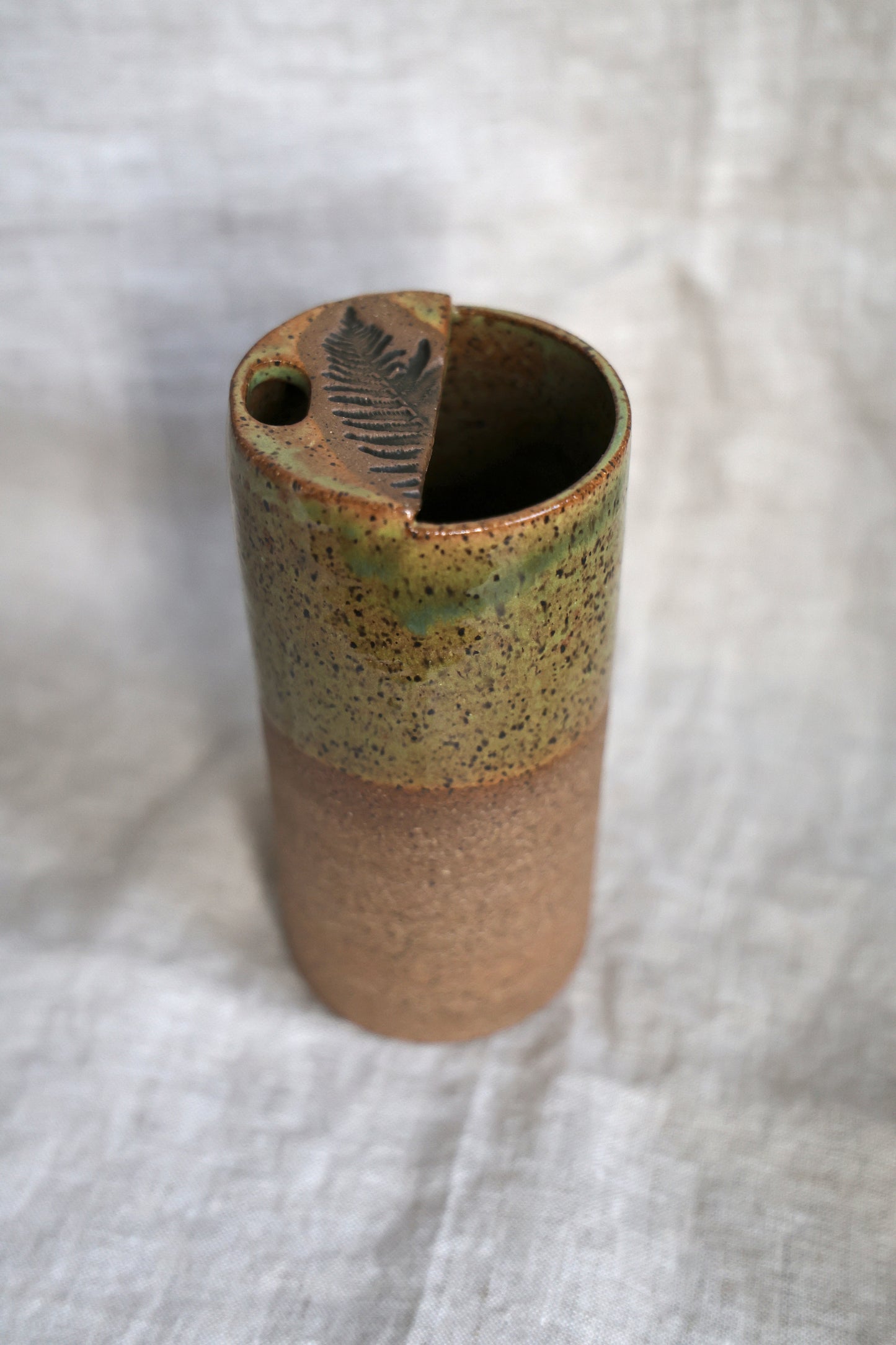 Half Dipped Green Fern Stamped Speckled Stoneware Organic Style Travel Tumbler, To Go Cup, for Minimalists Ceramic Stoneware Hand Thrown in Maine