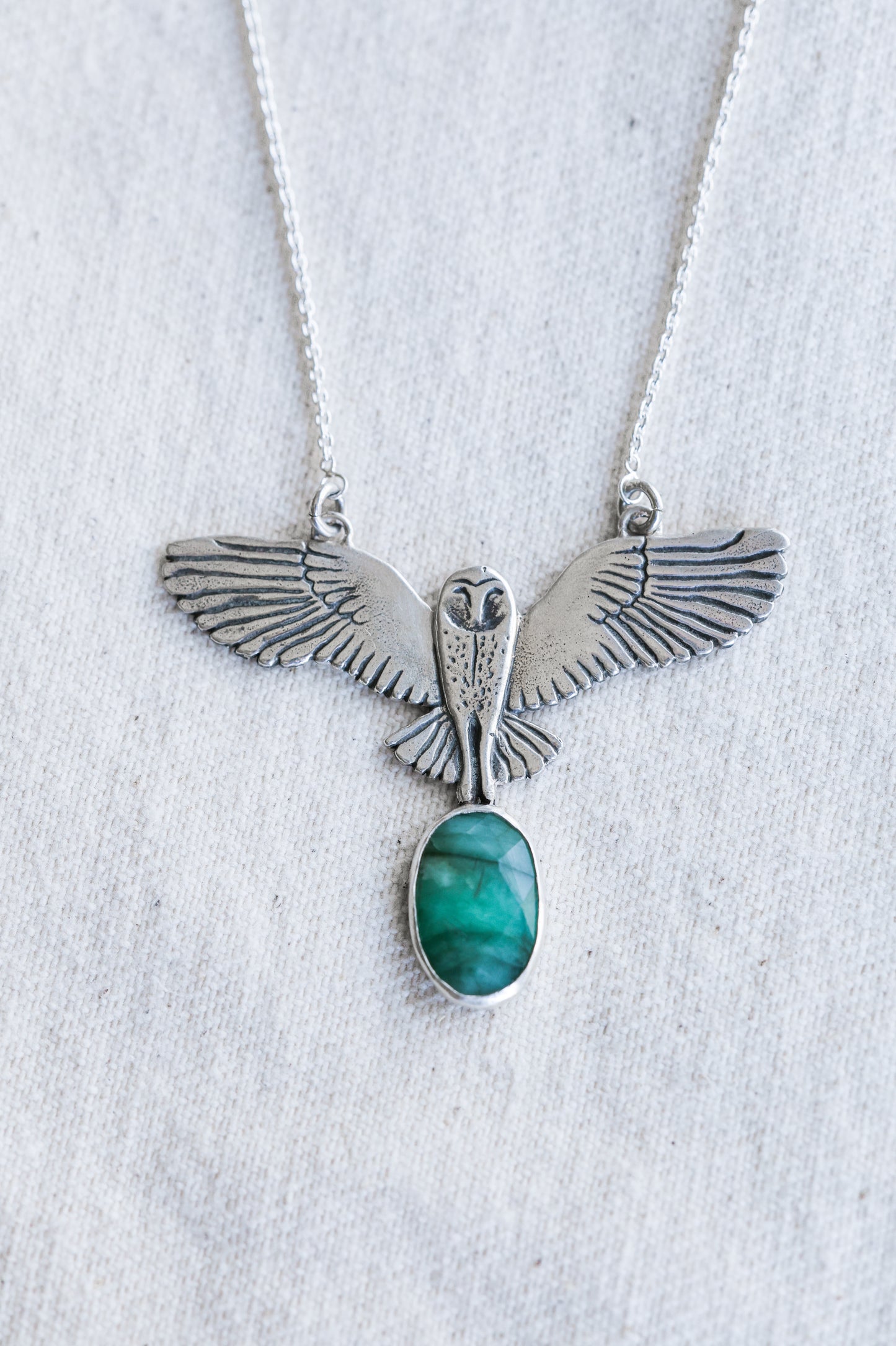 Barn owl, grounding wisdom and stillness, hand carved barn owl necklace with Brazilian Emerald, Carnelian, moonstone, or by itself.