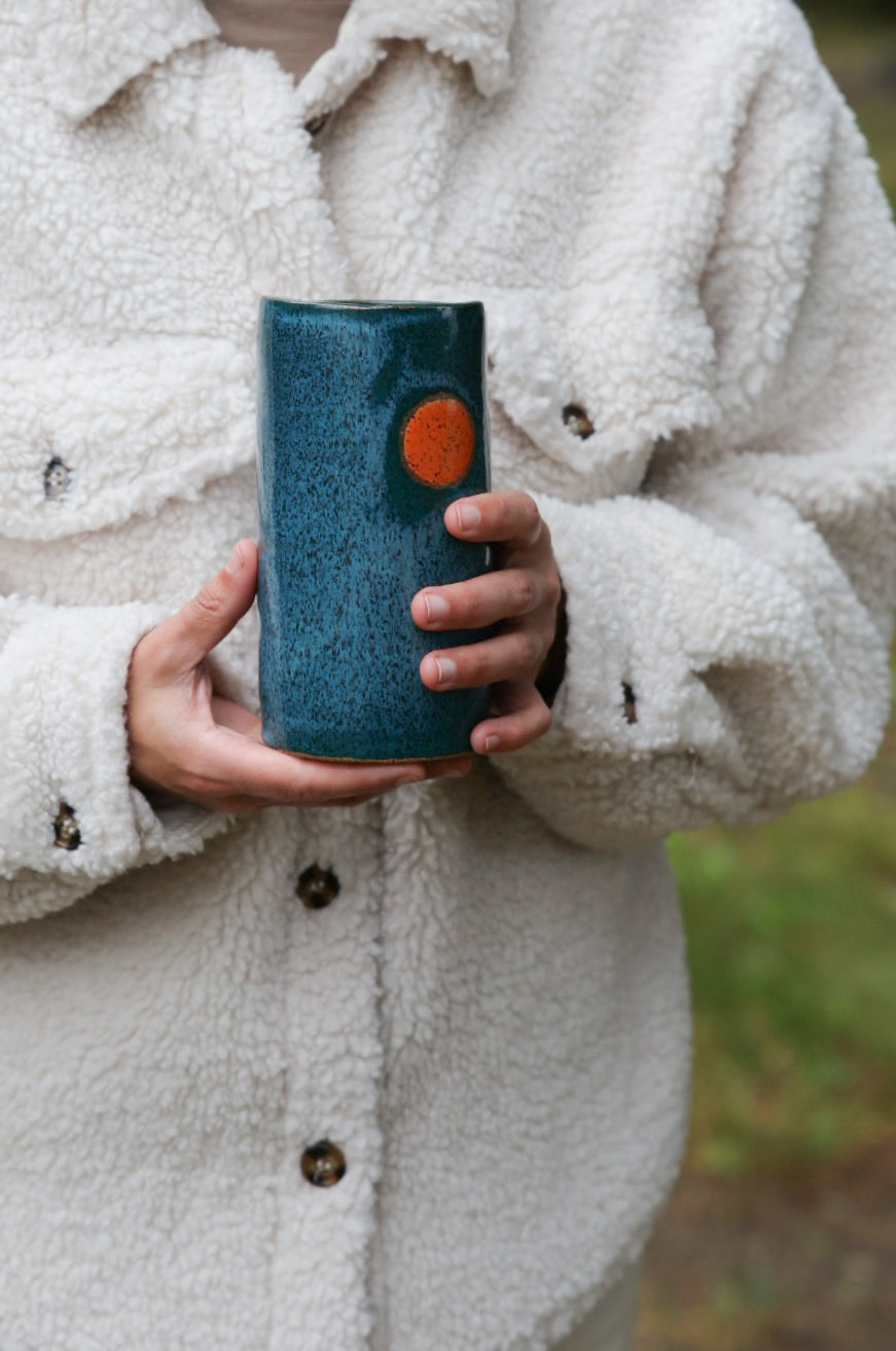 Deep Blue with Orange Moon Speckled To Go Cup, Travel Mug, Travel Tumbler, Mustache Saver, Ceramic Stoneware,  Hand Thrown in Maine 13-15oz.  Pottery Cup