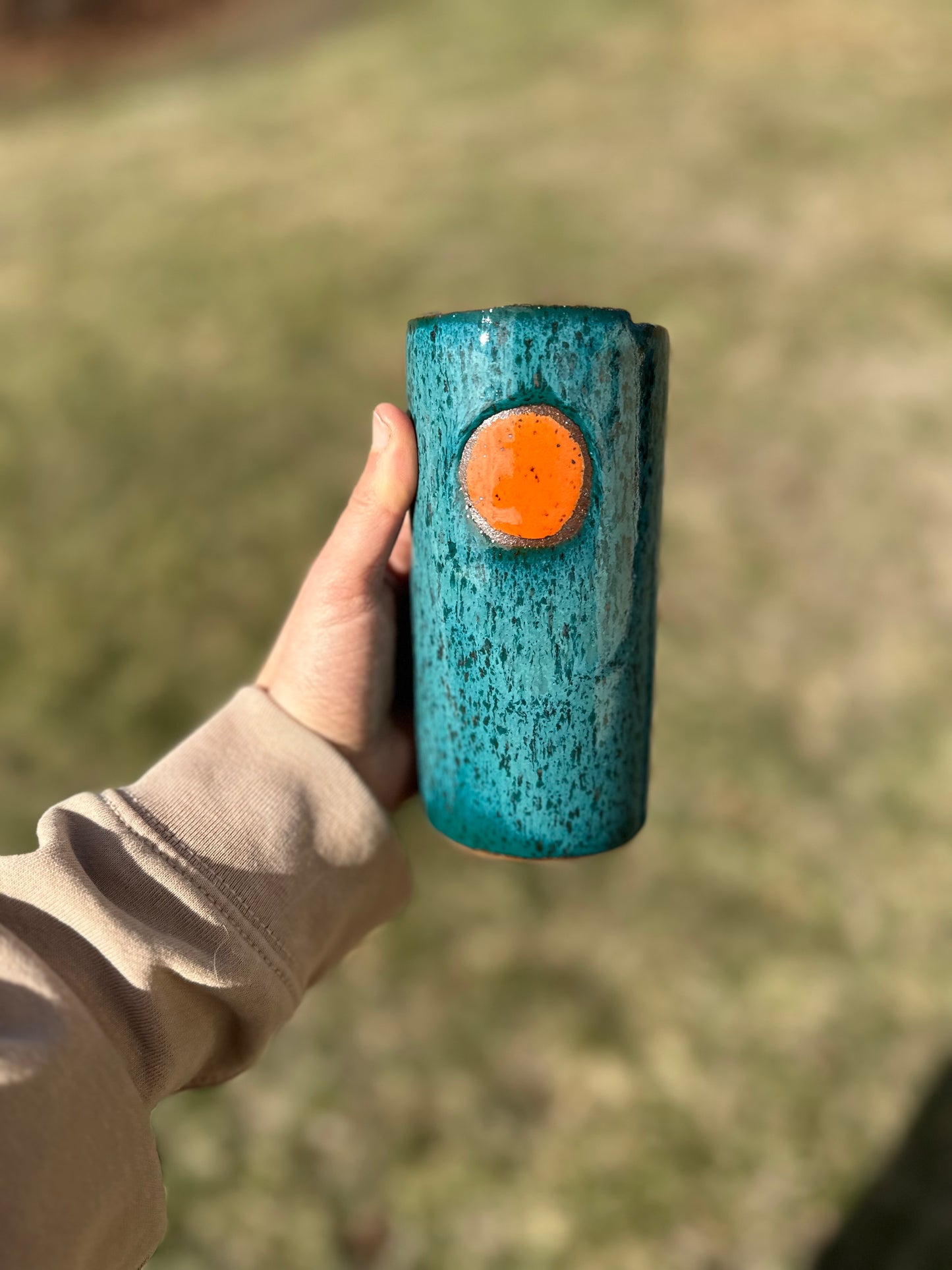 Deep Blue with Orange Moon Speckled To Go Cup, Travel Mug, Travel Tumbler, Mustache Saver, Ceramic Stoneware,  Hand Thrown in Maine 13-15oz.  Pottery Cup