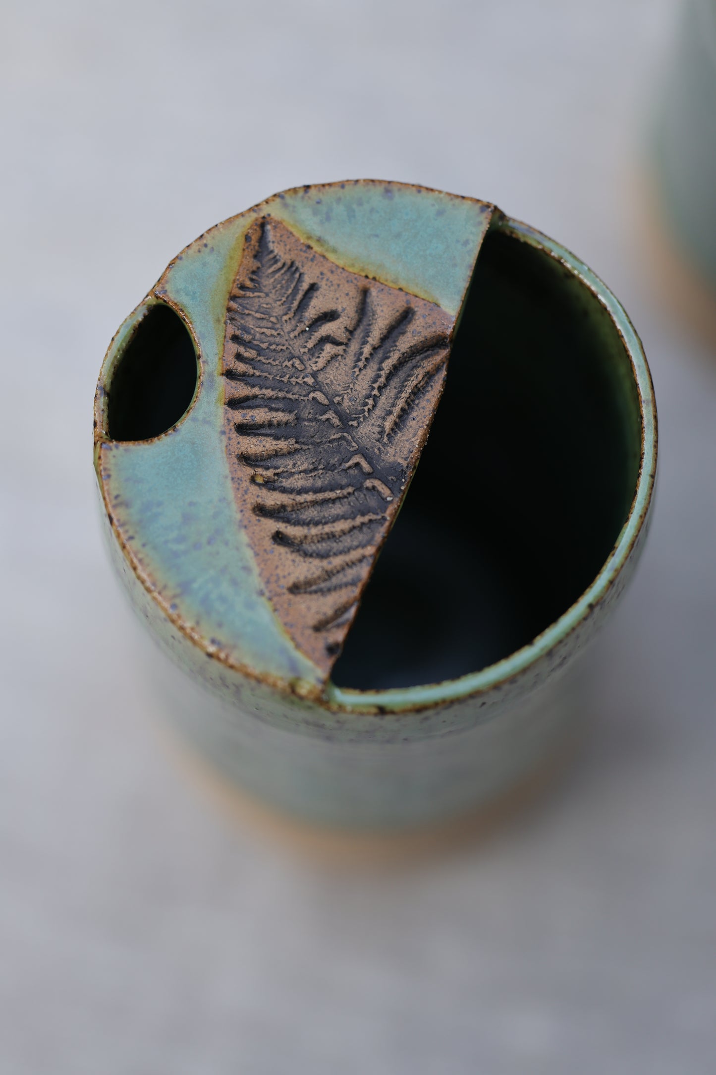 Half Dipped Green Fern Stamped Speckled Stoneware Organic Style Travel Tumbler, To Go Cup, for Minimalists Ceramic Stoneware Hand Thrown in Maine