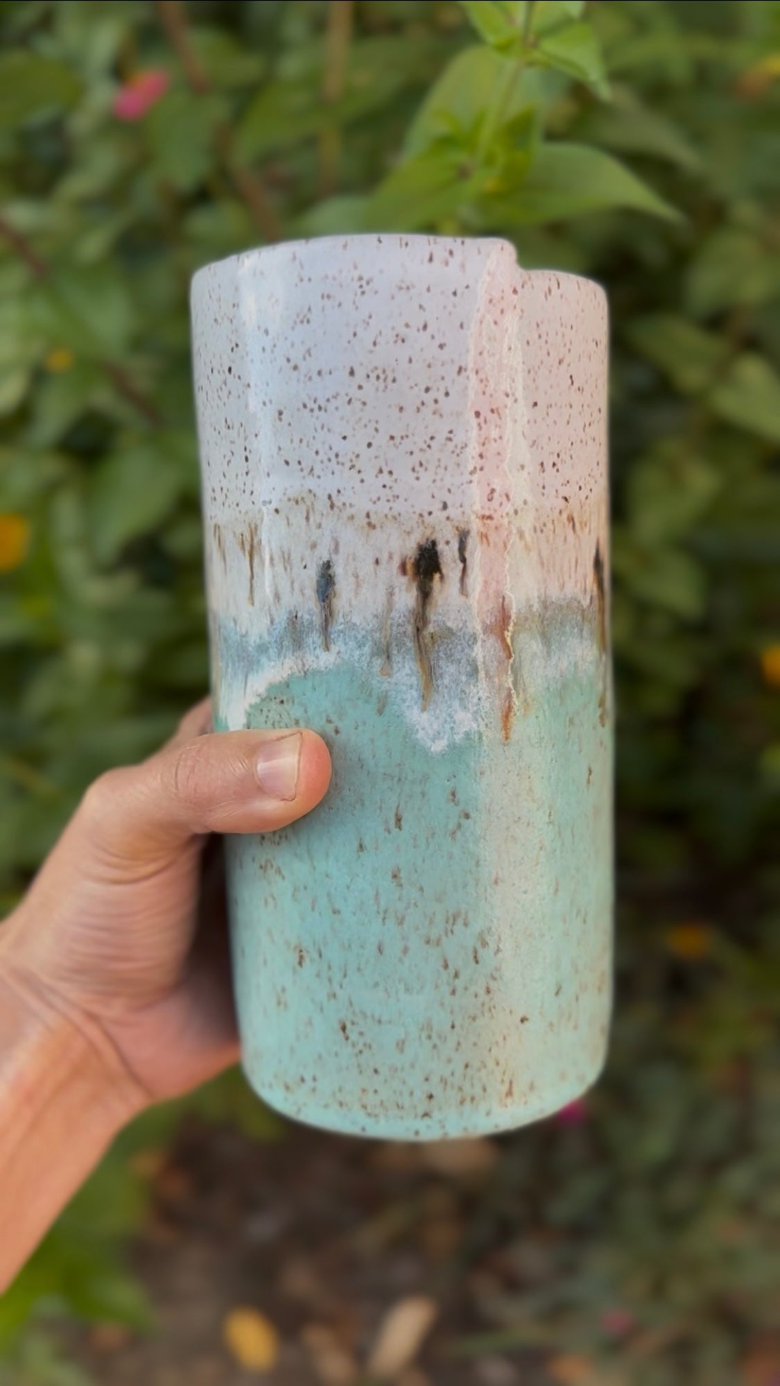 Sea foam blue  & white speckled travel cup