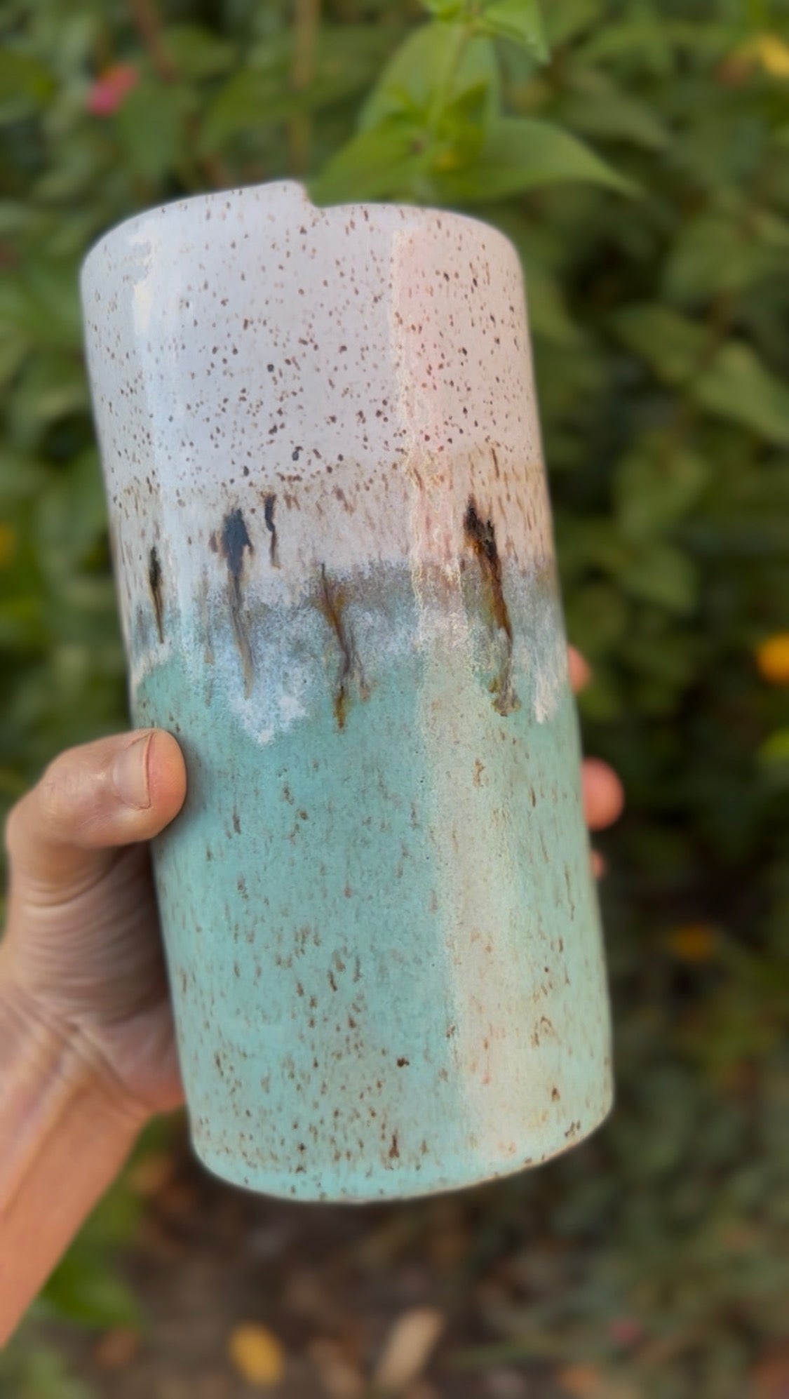 Sea foam blue  & white speckled travel cup