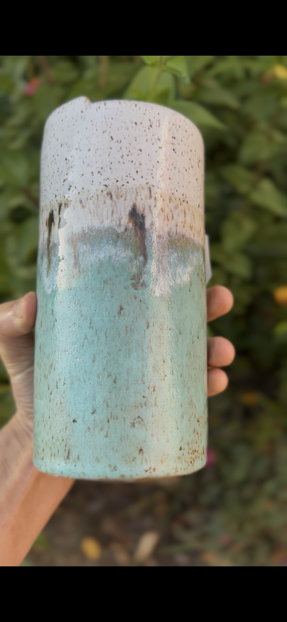 Sea foam blue  & white speckled travel cup