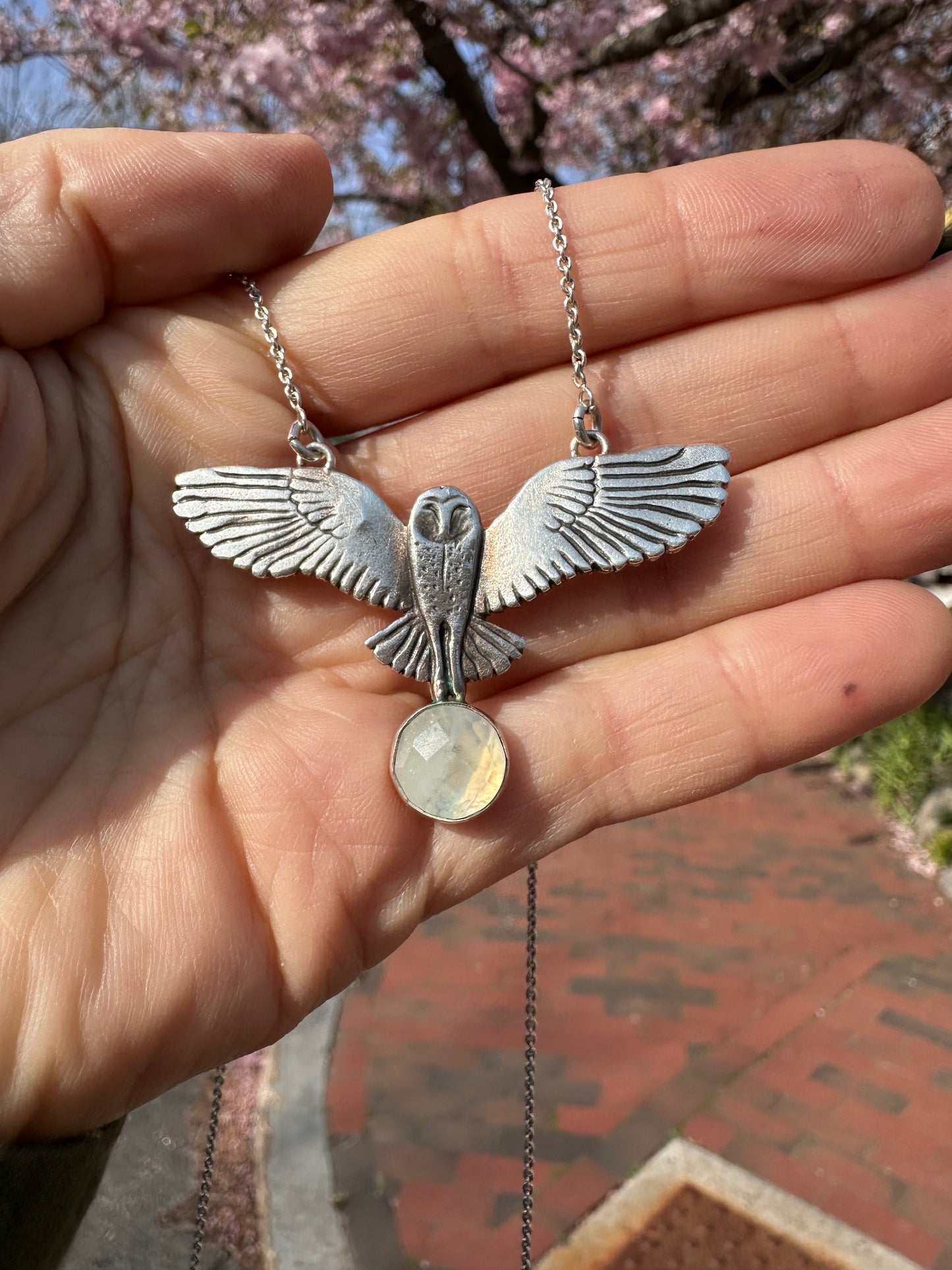 Barn owl, grounding wisdom and stillness, hand carved barn owl necklace with Brazilian Emerald, Carnelian, moonstone, or by itself.