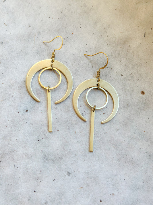 Moon and Circle dangly Brass Geometric Earrings
