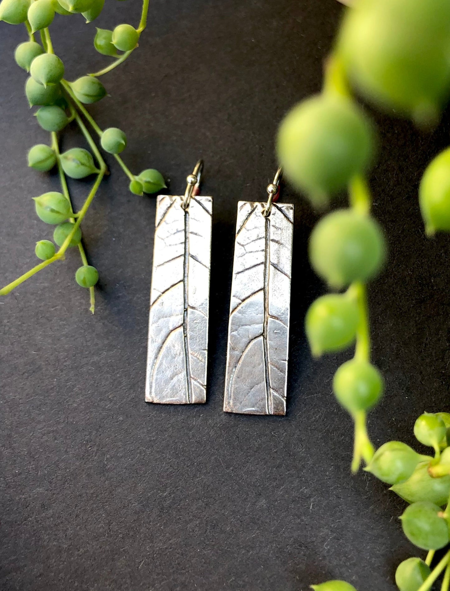 Botanical Minimalist lightweight recycled sterling silver rectangle earrings with leaf texture, minimalist