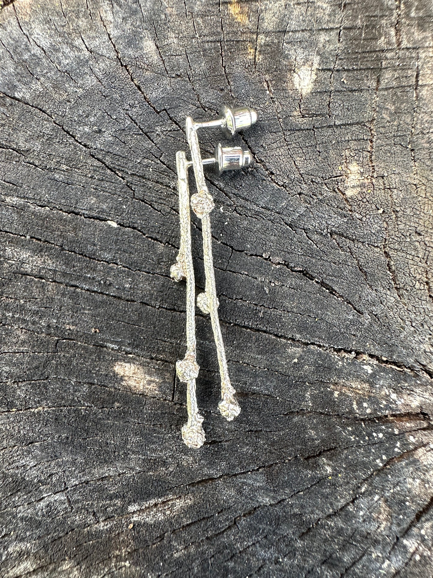 Budding Sprigs, elegant, earthy twig earrings studs with organic textures recycled sterling silver, Maine jewelry