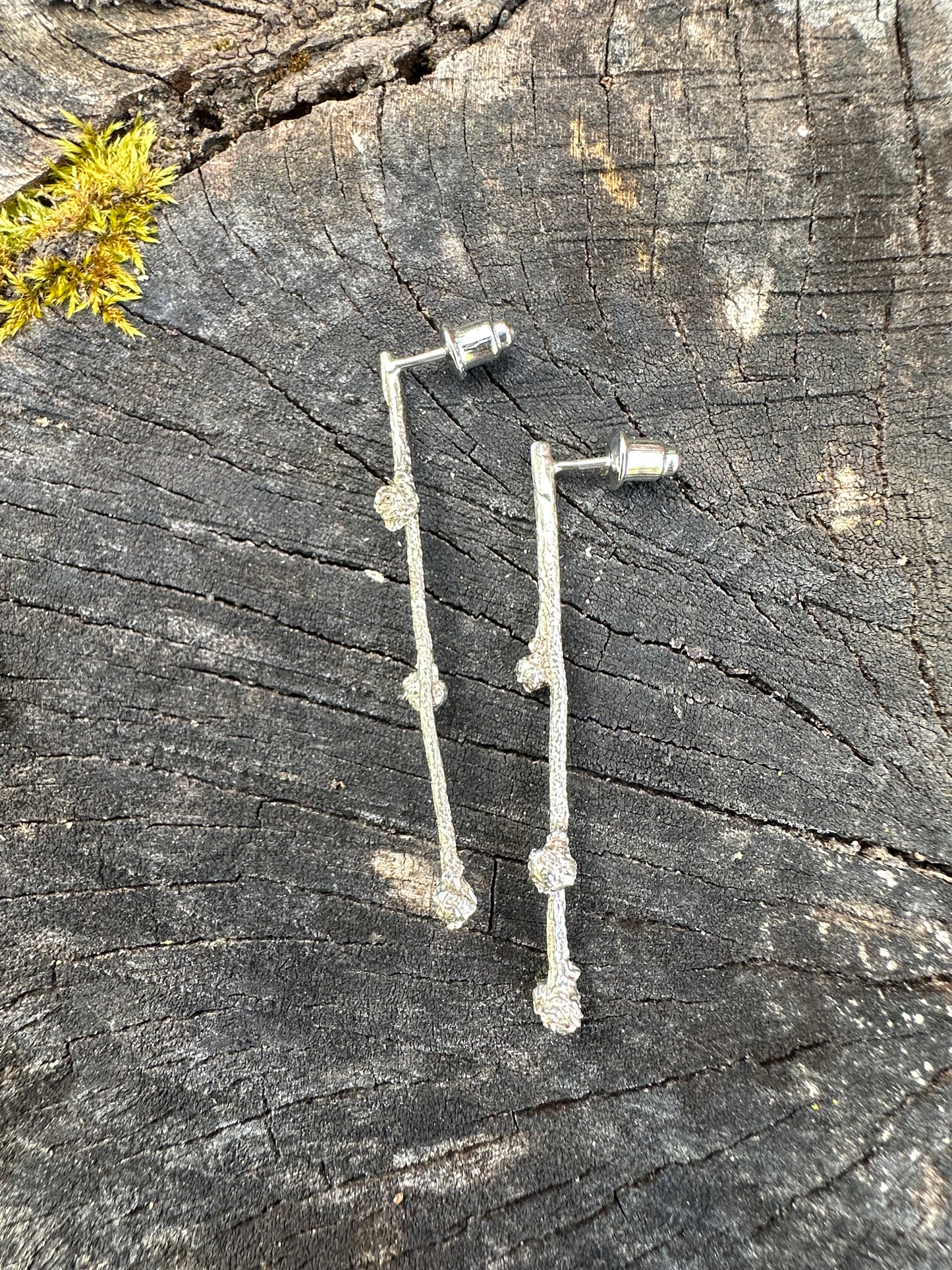 Budding Sprigs, elegant, earthy twig earrings studs with organic textures recycled sterling silver, Maine jewelry