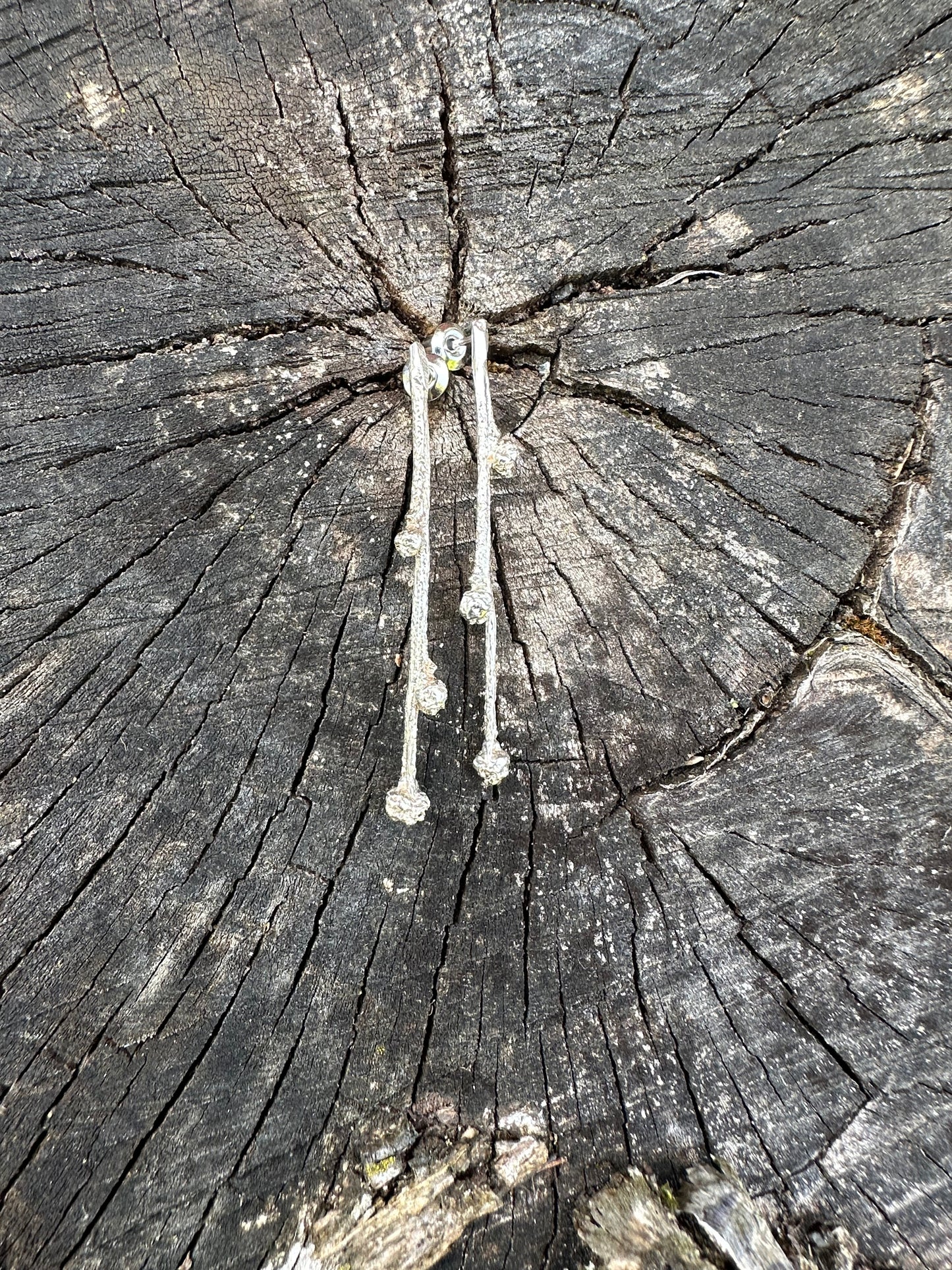 Budding Sprigs, elegant, earthy twig earrings studs with organic textures recycled sterling silver, Maine jewelry