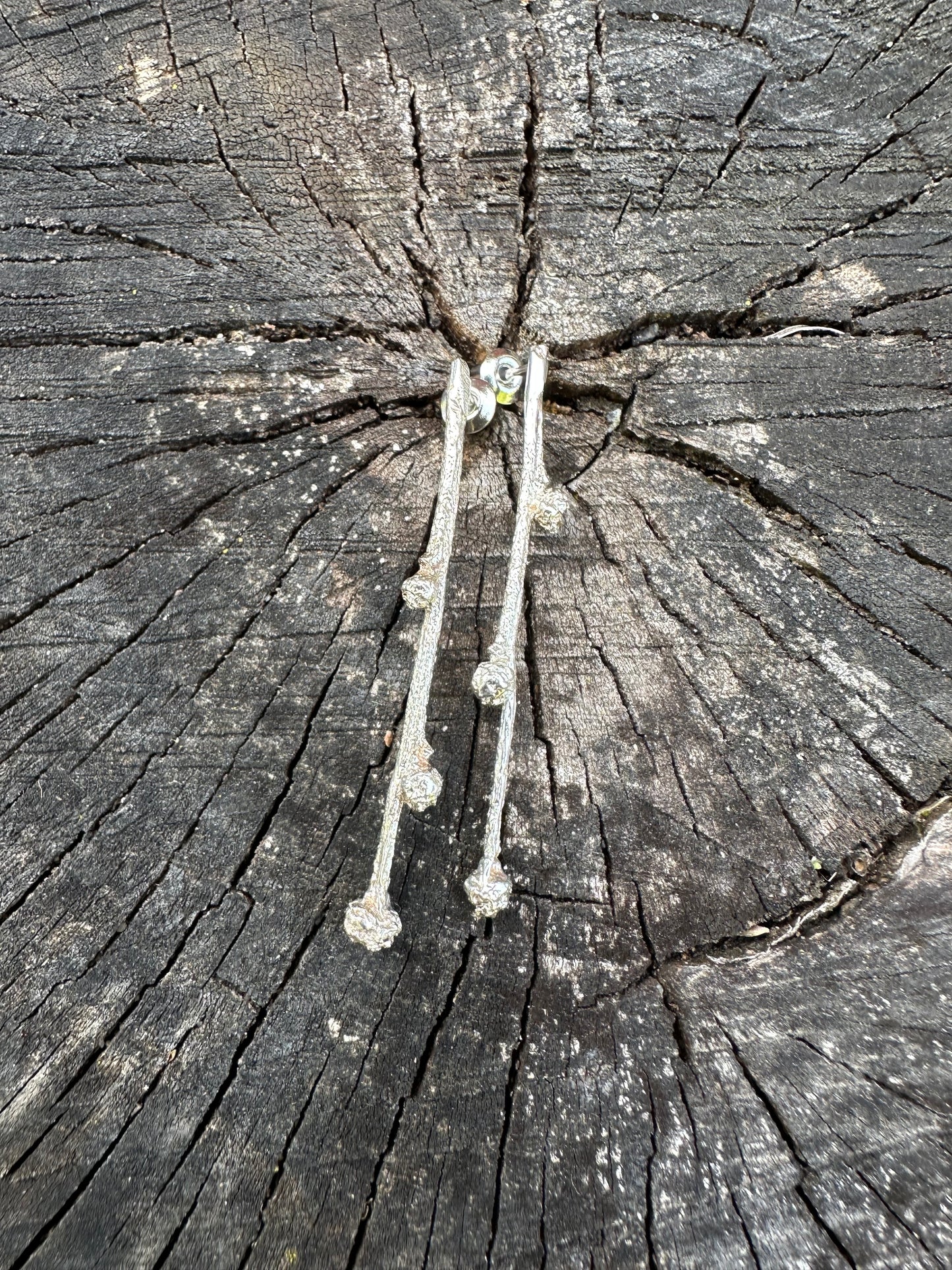 Budding Sprigs, elegant, earthy twig earrings studs with organic textures recycled sterling silver, Maine jewelry