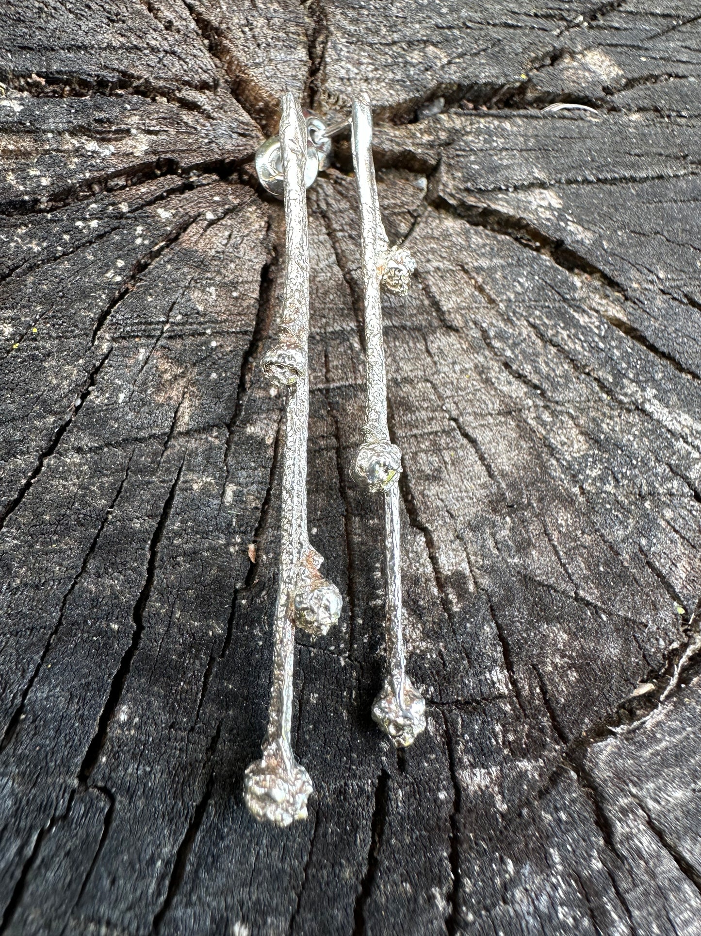 Budding Sprigs, elegant, earthy twig earrings studs with organic textures recycled sterling silver, Maine jewelry
