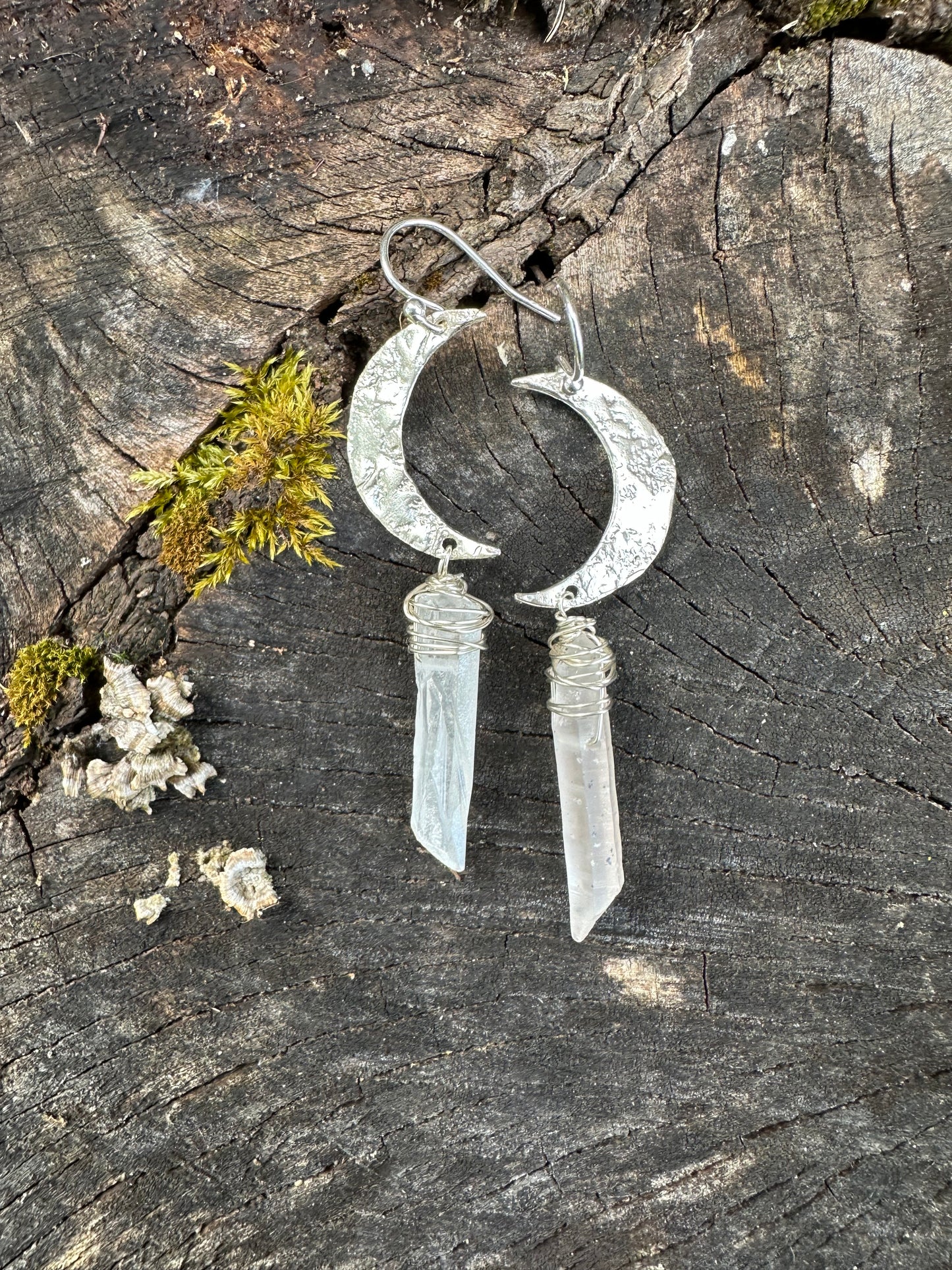 Moon and quartz, maine beach stone, textured Silver moons, celestial dangle earrings