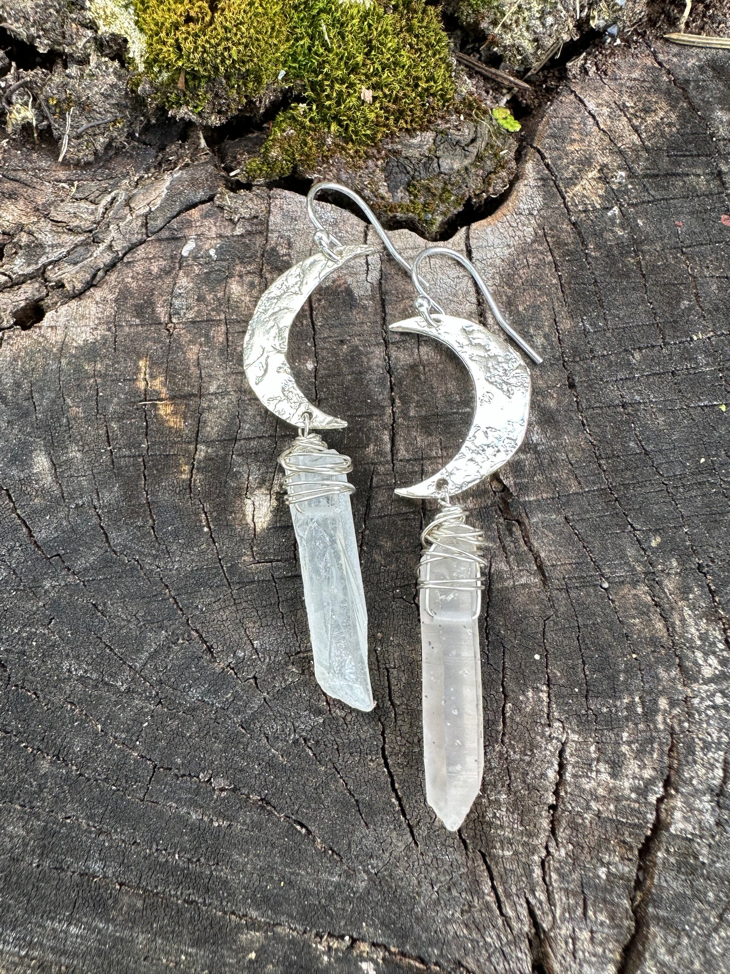 Moon and quartz, maine beach stone, textured Silver moons, celestial dangle earrings