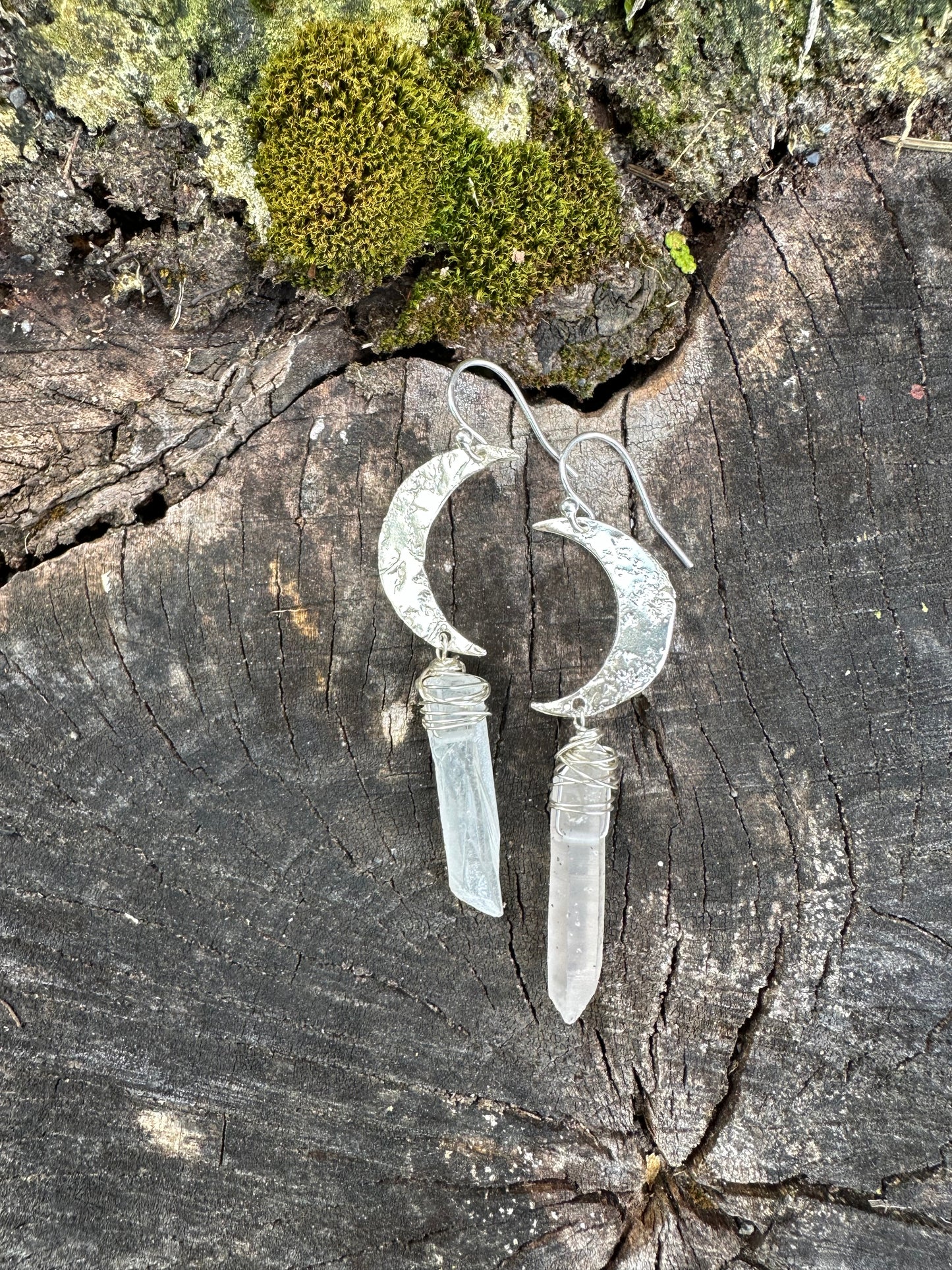 Moon and quartz, maine beach stone, textured Silver moons, celestial dangle earrings