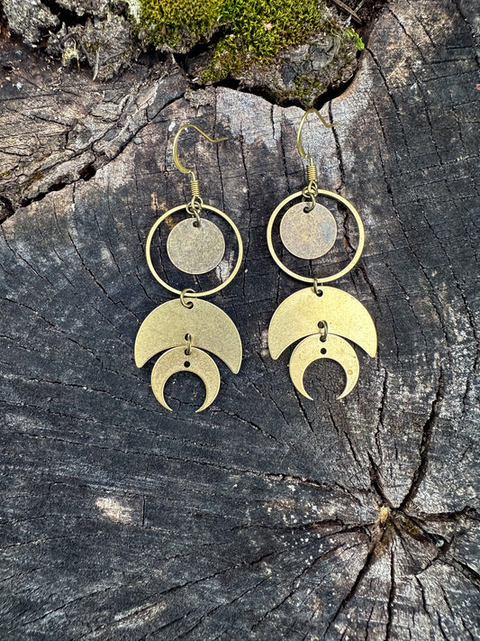 Double moon, solid brass geometric earrings, light weight, hand crafted, double moon designs, celestial theme