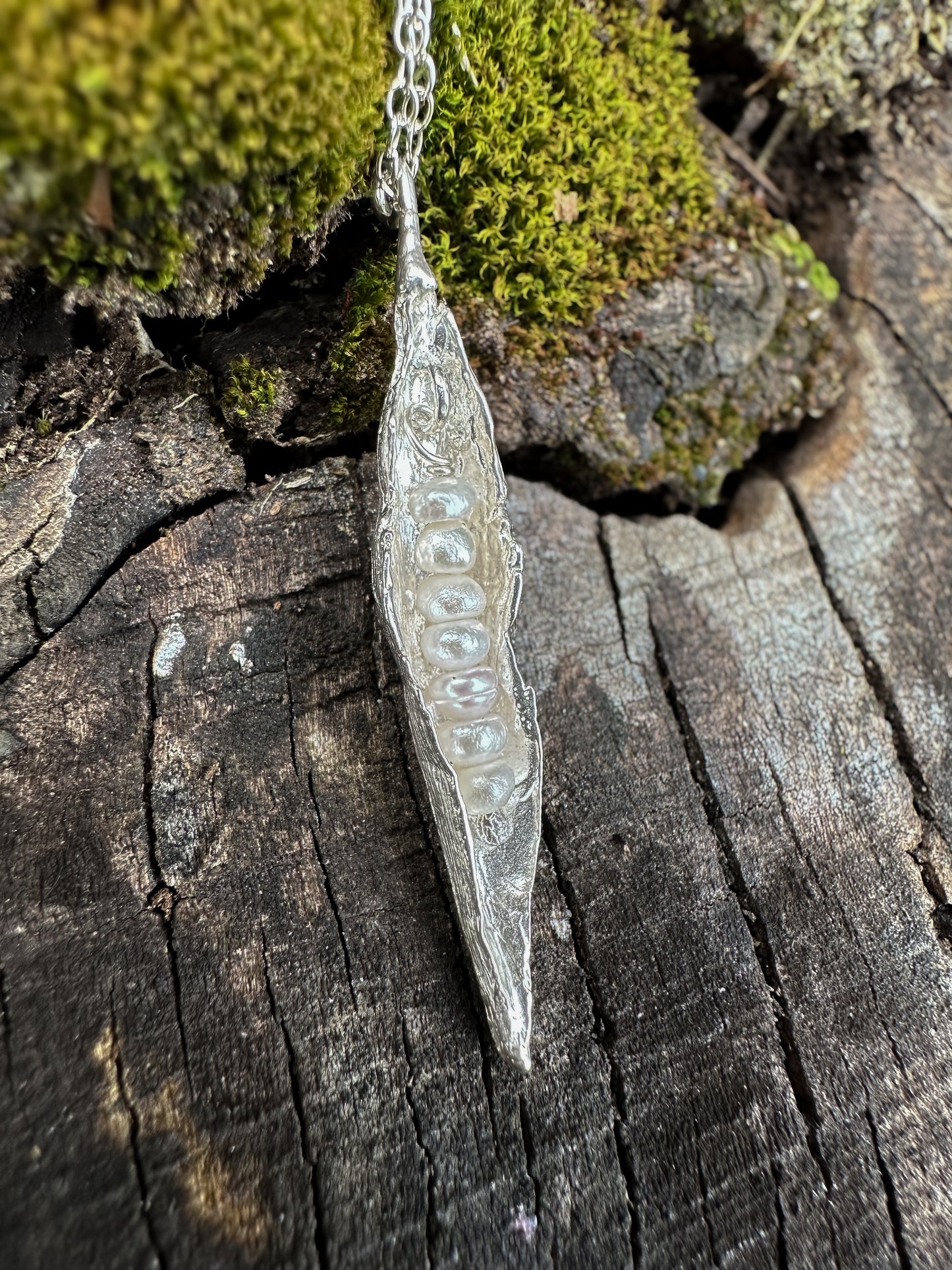 Silver Peapod, Pea Pod Necklace, Recycled Sterling Silver,  Freshwater Pearls,  Adjustable Length | Made in Maine